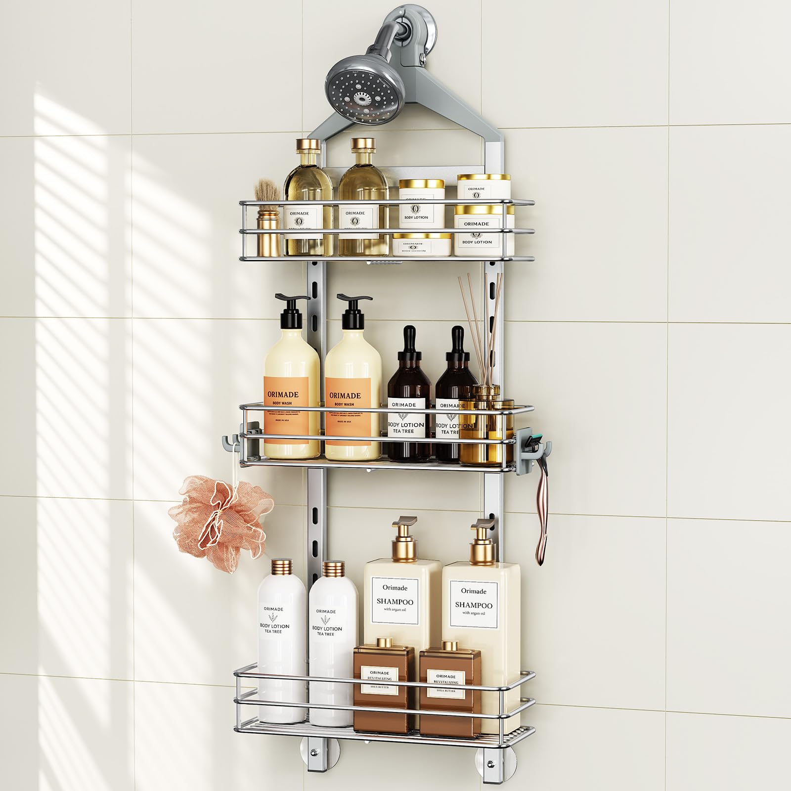 Orimade Aluminum Hanging Shower Caddy Over Head, Adjustable Anti-Slip Bathroom Shelves with Hooks, Rustproof Shower Organizer St
