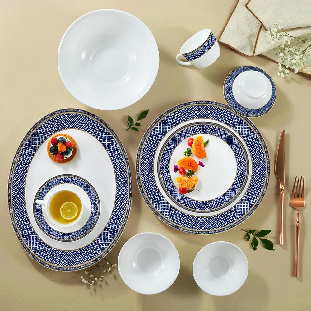 Larah By Borosil Opalware Dinner Set | 60 Pcs For Family Of 8 | Microwave & Dishwasher Safe | BoneAsh Free | Crockery Set For D