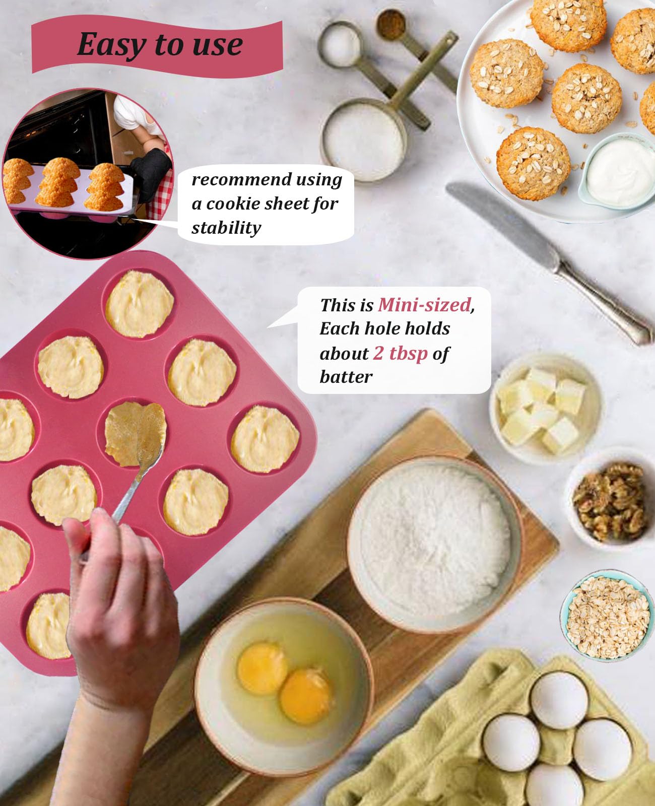 Sinoskye Silicone Mini Muffin Pan, 12-Cup Mini Cupcake Pan With Silicone Pastry Brush For Making Mini Egg Muffin, Keto Diet, Bpa