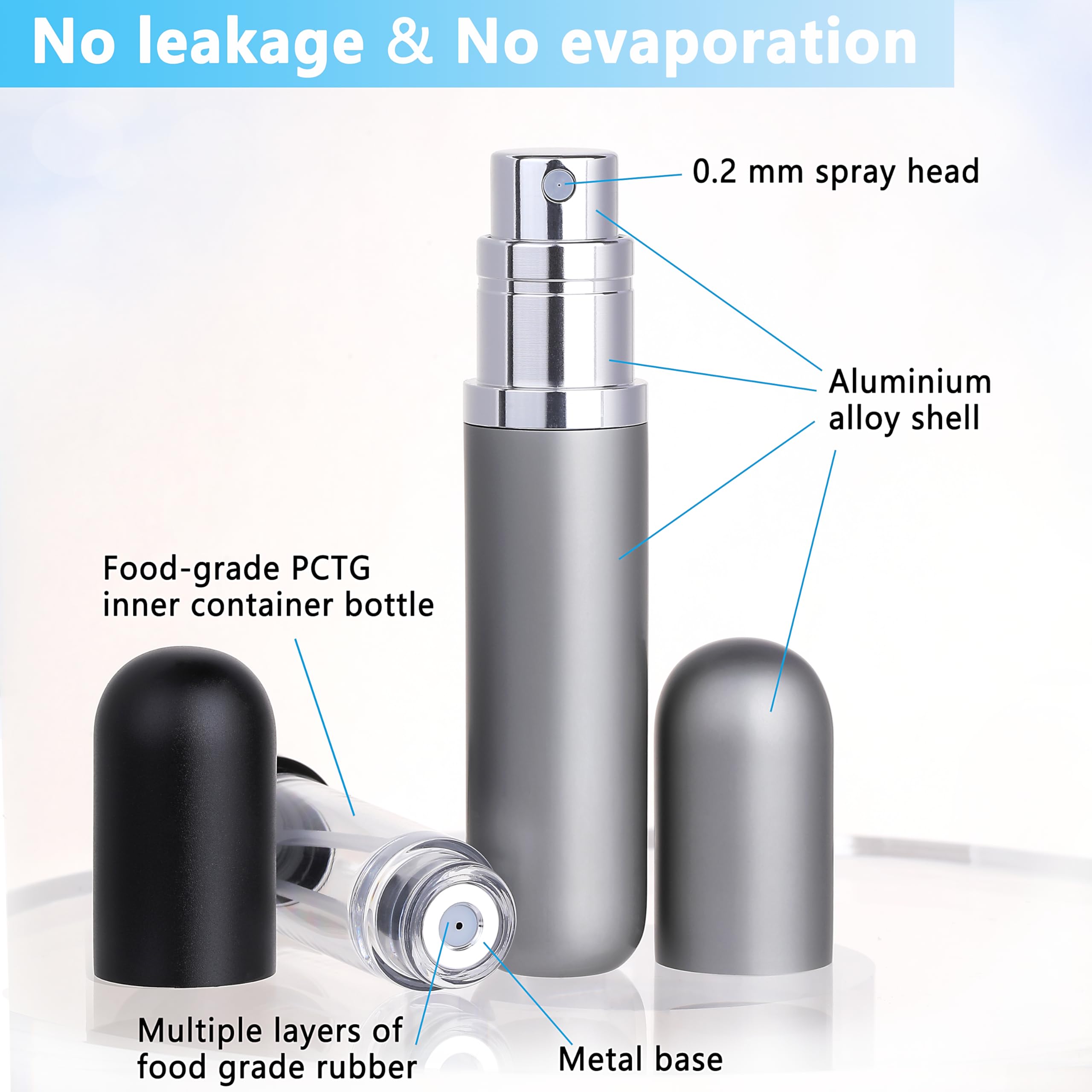 Qavhun Travel Refillable Perfume Atomizer Bottle 2-Pack 5Ml Leakproof Travel Perfume Refillable Bottle (Gray & Gray)