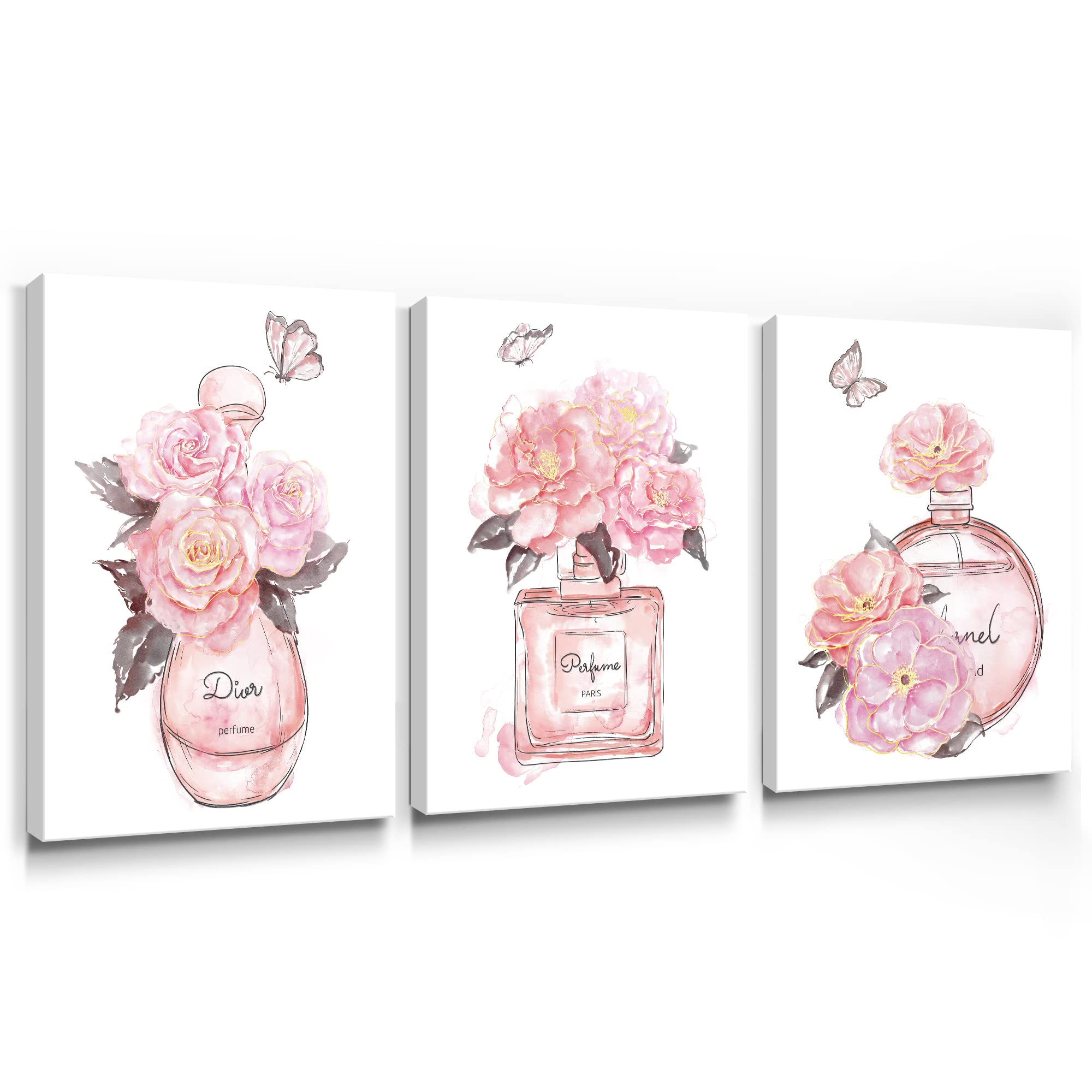 Sumgar Pink Wall Art Girls Bedroom Wall Decor Fashion Perfume Flower Butterfly Pictures Blush And Grey Framed Canvas Paintings F