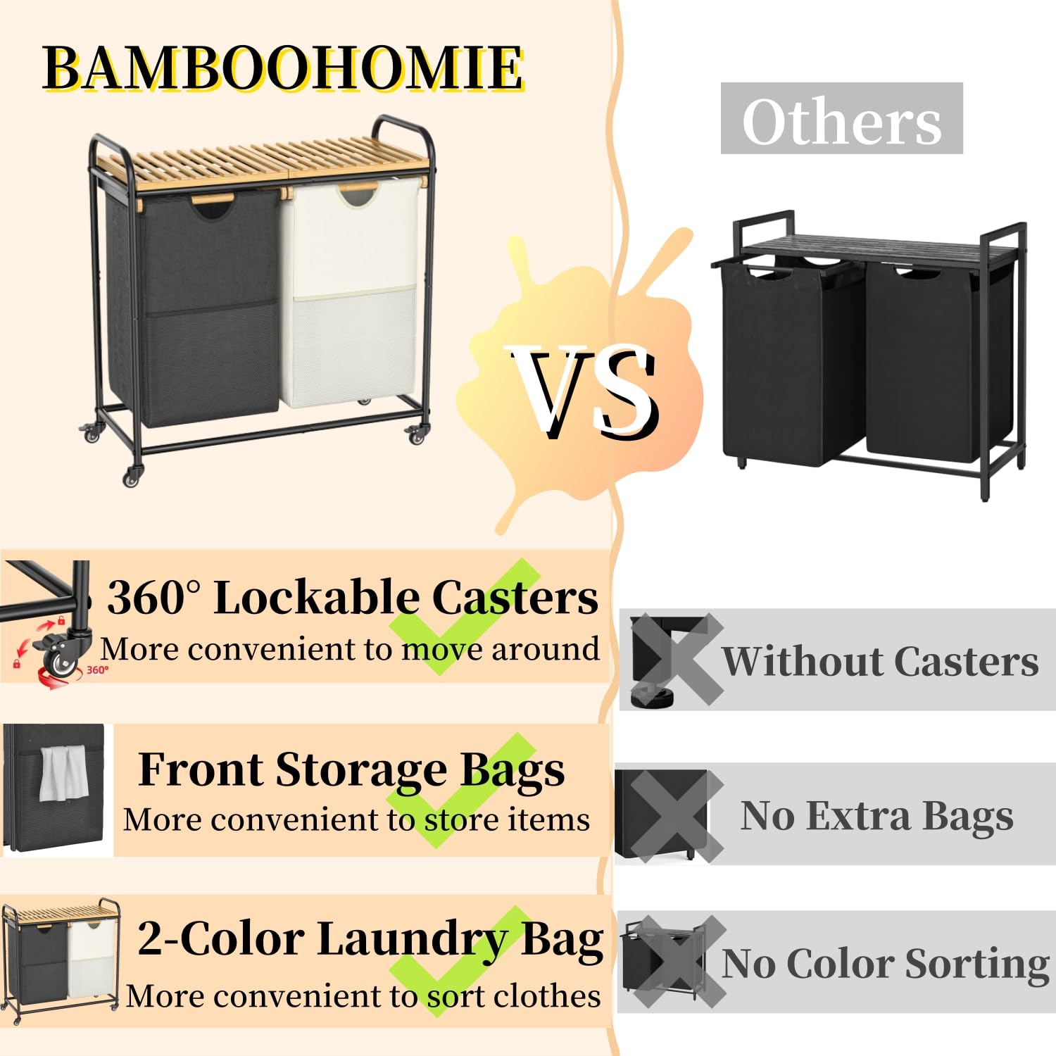 Laundry Hampers 2 Section, Laundry Sorter With Removable Shelf And Pull-Out Bags, Clothes Hampers With Wheels Rolling Cart Baske