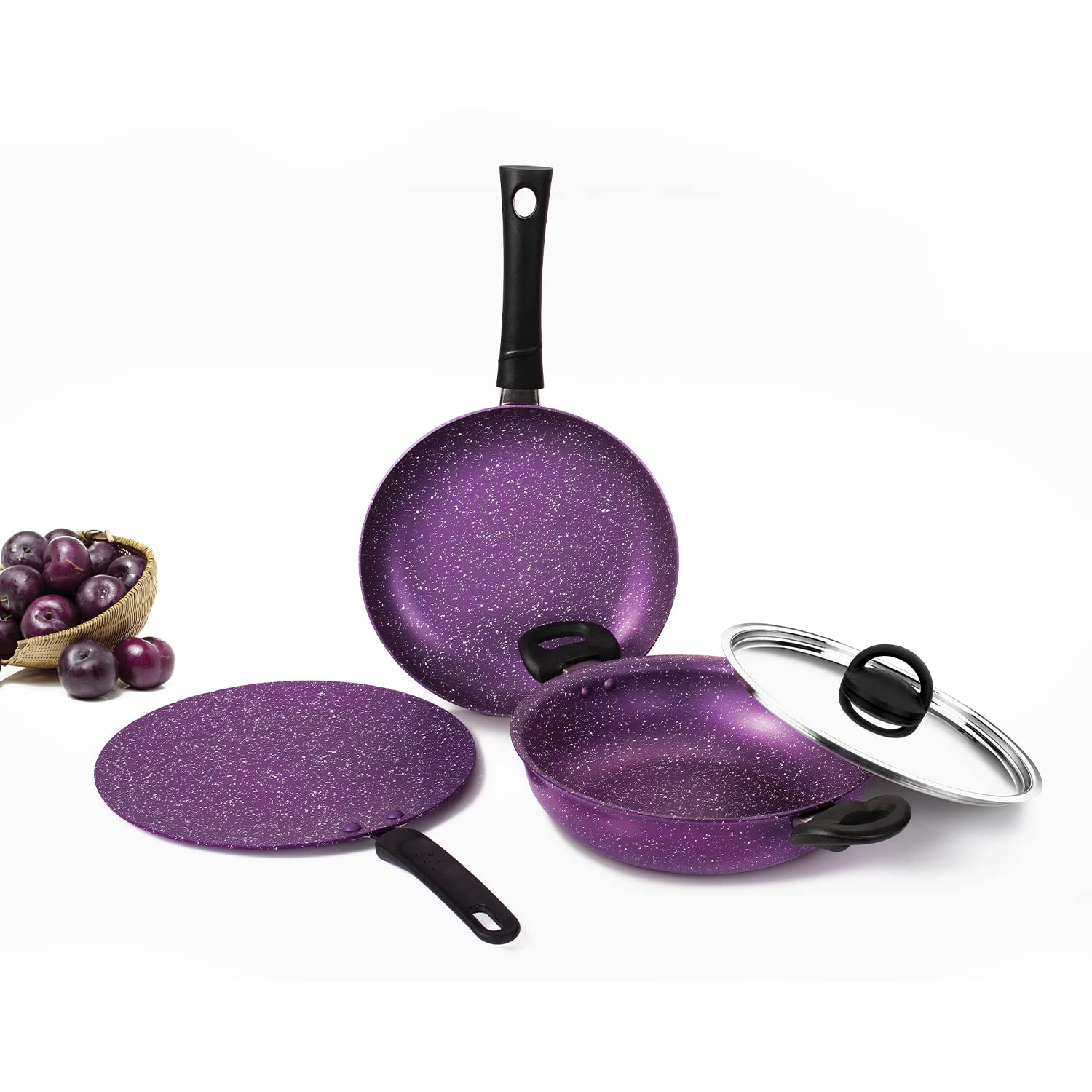 Alda Non Stick Cookware Set 4Piece (Wok With Lid, Fry Pan, Crepe Pan)  Plum 3Mm Induction Friendly | 1 Year Warranty