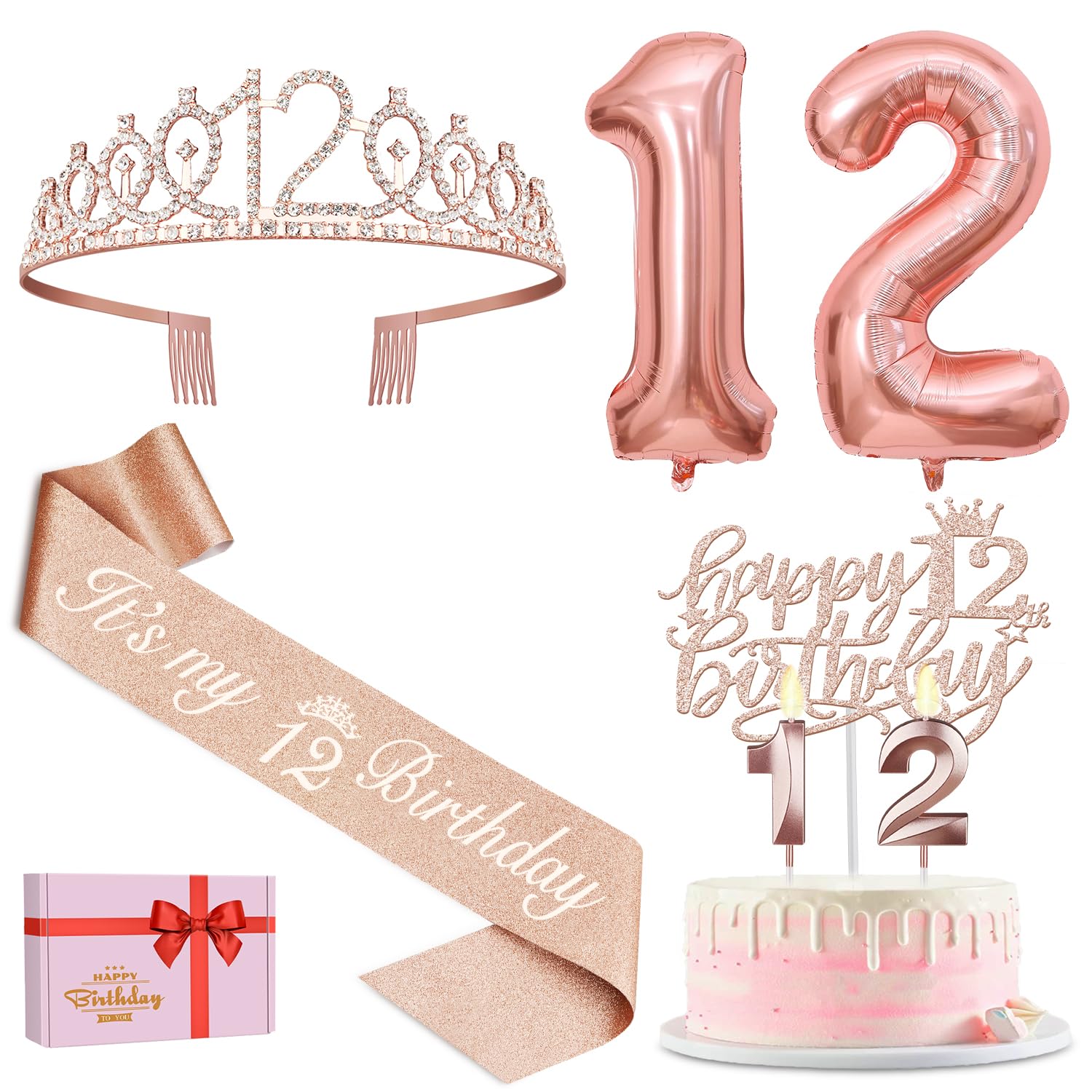 12Th Birthday Decorations For Girls Including 12Th Birthday Sash, Crown/Tiara, Candles And Cake Toppers, Number 12 Balloons, Ros