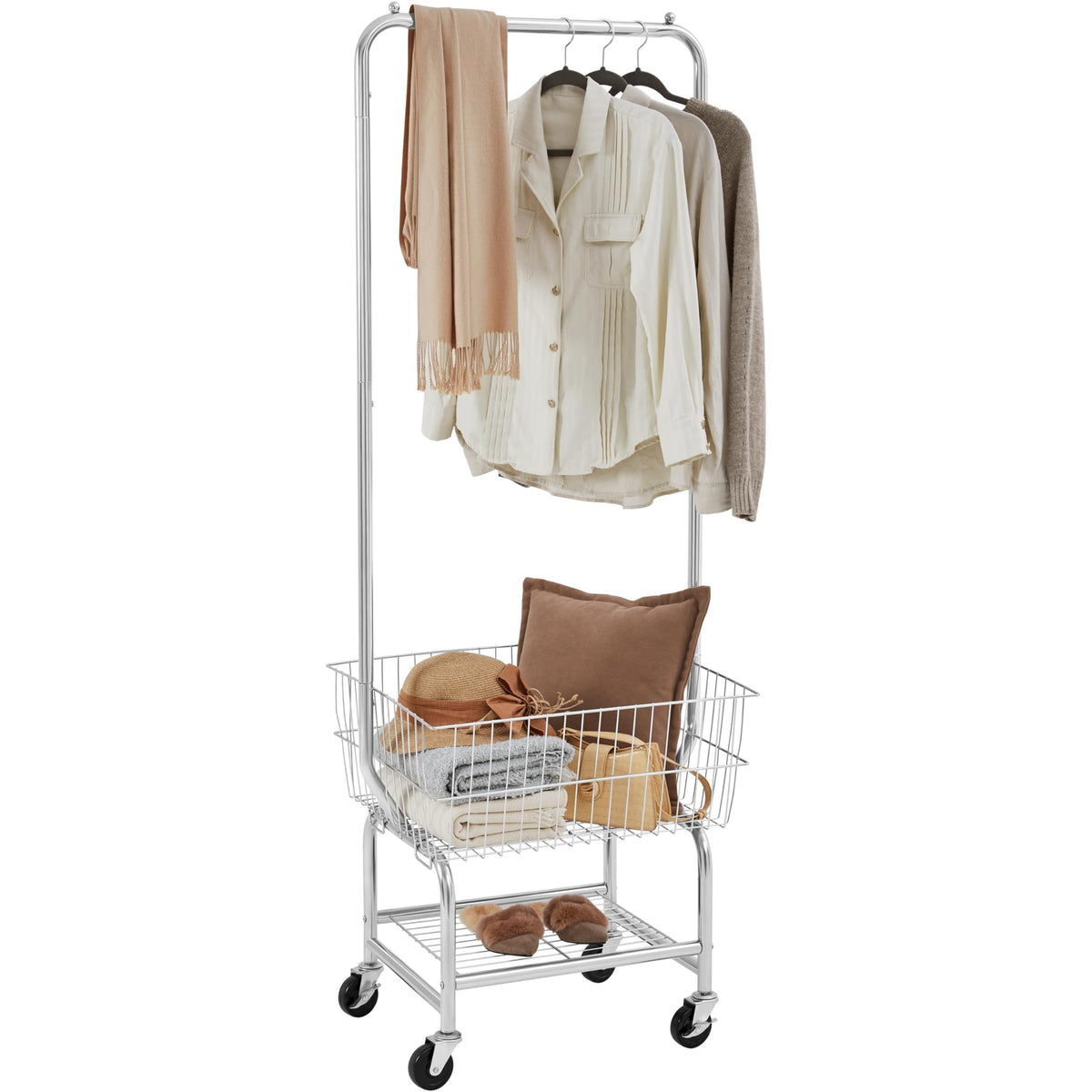 Yaheetech Laundry Cart With Wheels, Rolling Laundry Bakset With Hanging Rack, Silver Laundry Organizer, Chrome-Plated Metal Wire