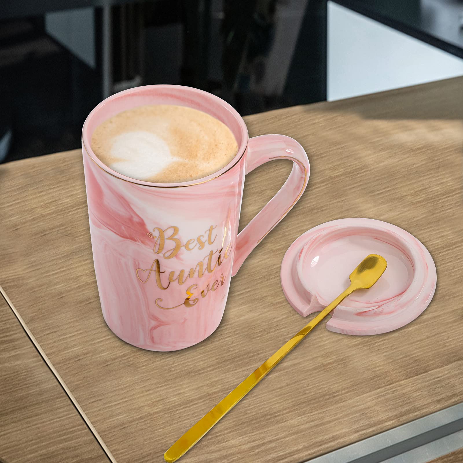 Hedume Best Auntie Ever Mug, 12 Oz Pink Marble Ceramic Coffee Cup With Gifts Box And Greeting Card, Aunt Gifts From Niece And Ne