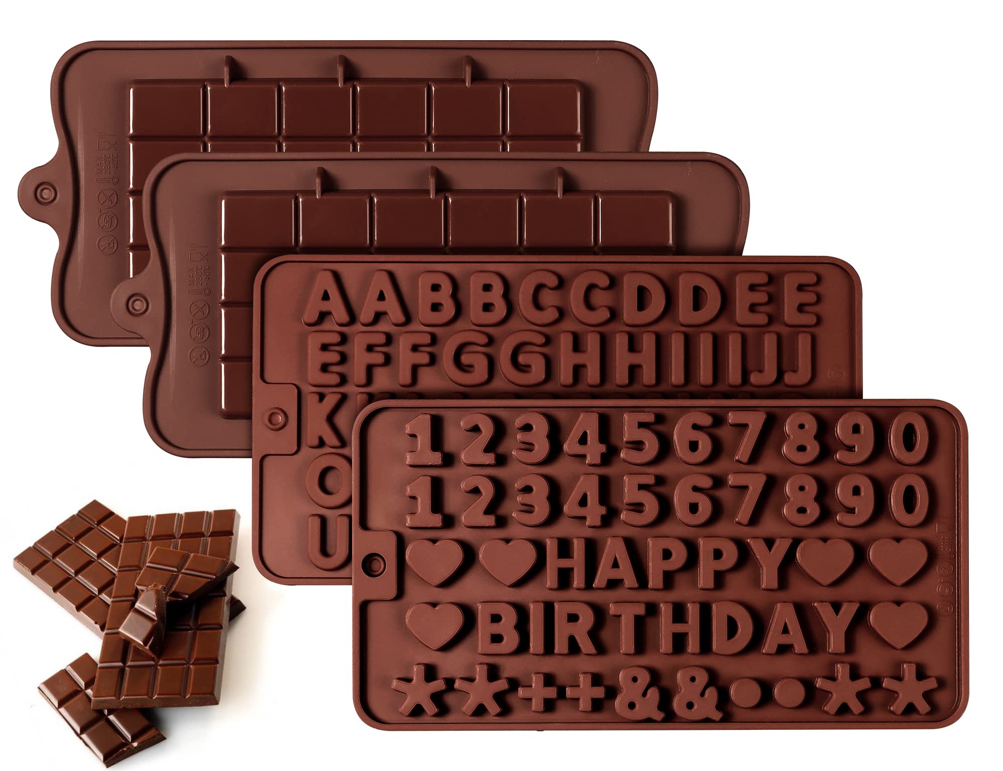 Sidosir 4Pcs Deep Chocolate Bar Molds, Break-Apart Chocolate Silicone Candy Mold For Birthday Cake Decorating(2Pcs Deep Chocolat