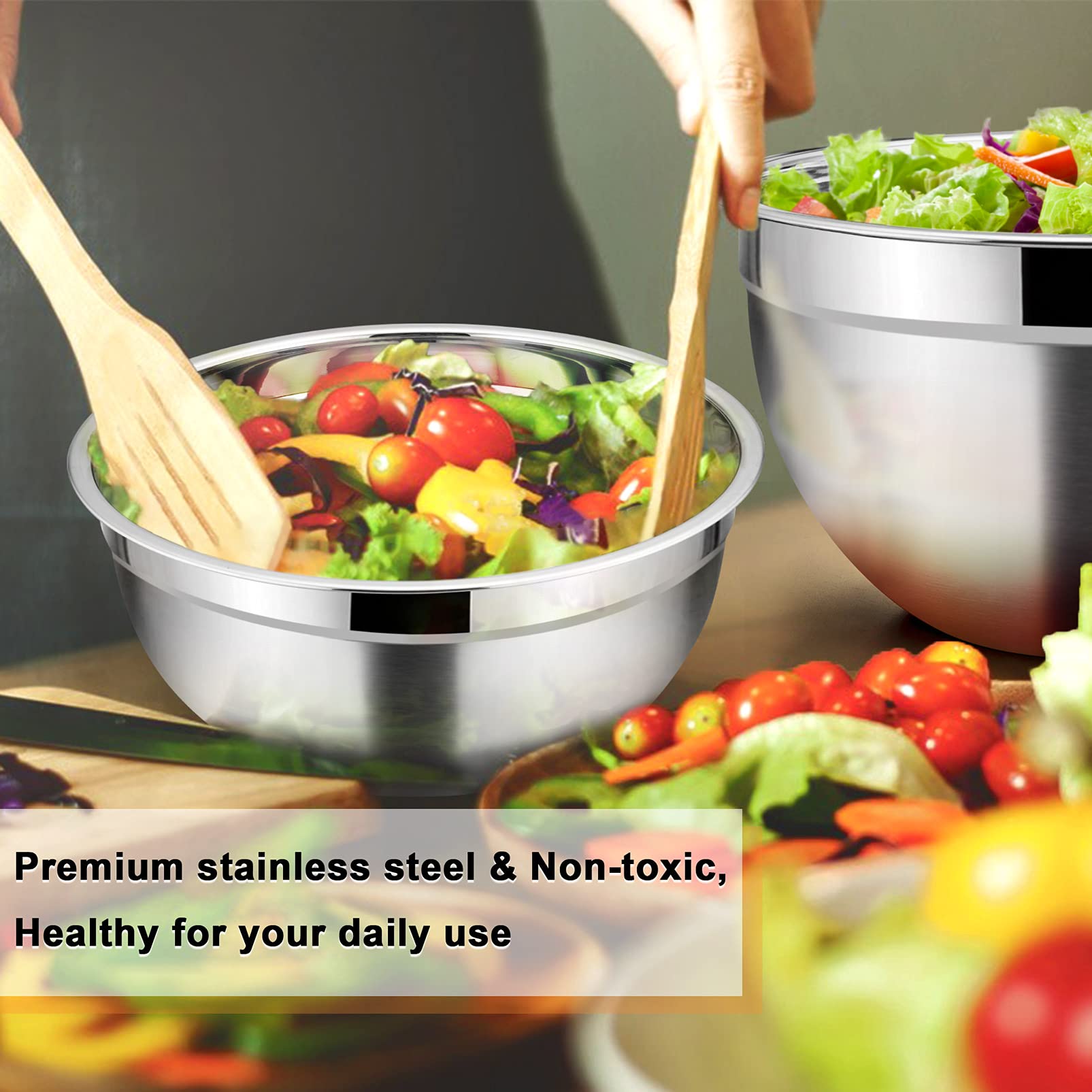 Teamfar Mixing Bowls With Lids Set Of 7, Stainless Steel Nesting Salad Mixing Bowls With 16 Pcs Cooking Utensils Set, 7, 4.5, 3,