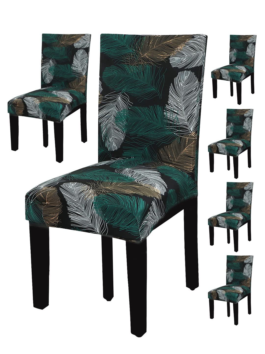 House Of Quirk Polyester Flowered Stretch Removable Washable Elastic Chair Cover (6 Chair Cover, Green Fern)