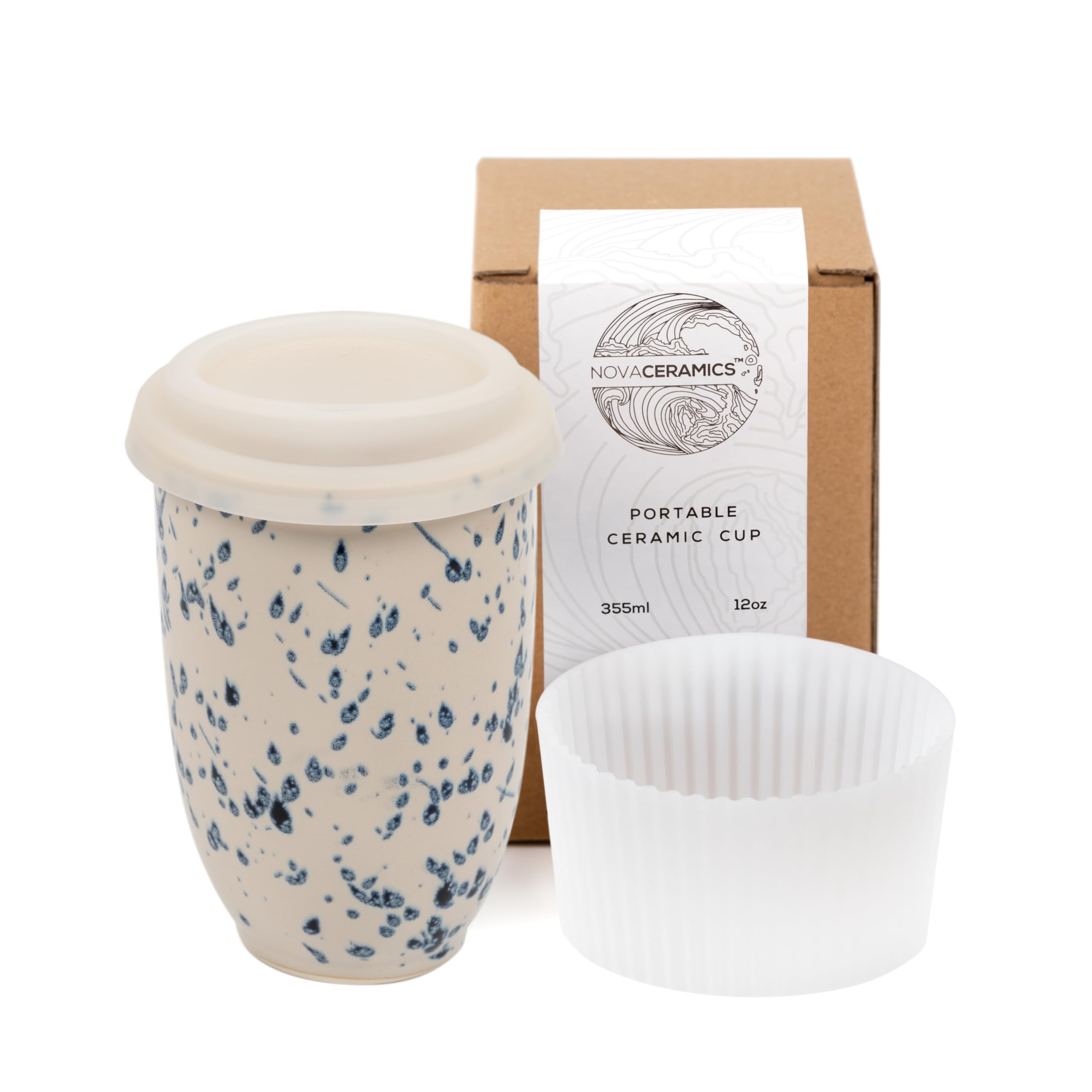 NOVA CERAMICS Travel Mug - Travel Size Mug - Reusable Coffee Mug Unique to Go Mug - Microwave & Dishwasher Safe Coffee White & B
