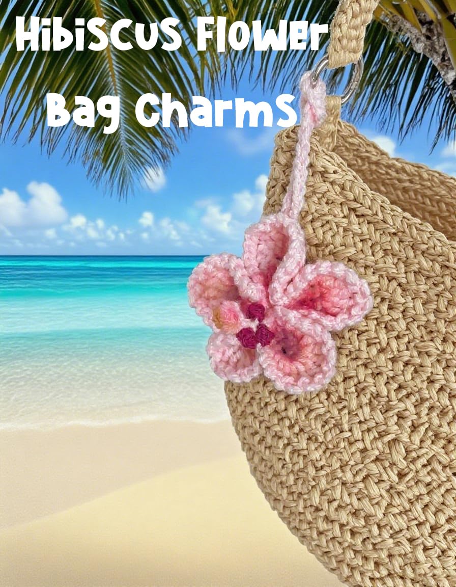Hibiscus Flower Car Hanging Ornament,Crochet Hawaiian Tropical Flowers Bag Charms Decor Car Rear View Mirror Beach Accessories (