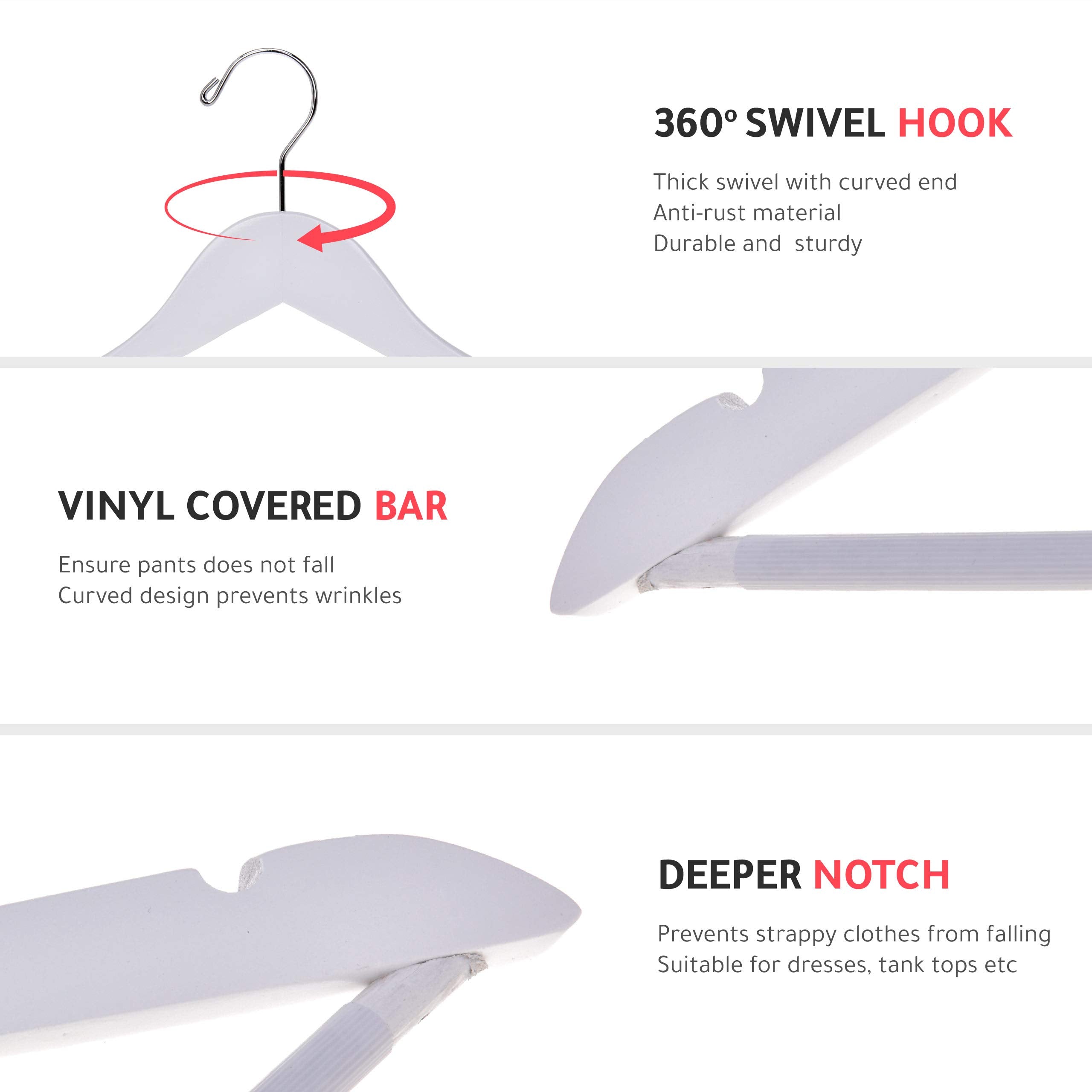 Quality Wooden Suit Hangers With Non Slip Pants Bar, 20 Pack, Smooth Finish Solid Wood Coat Hanger With Swivel Hook, Jacket, Pan