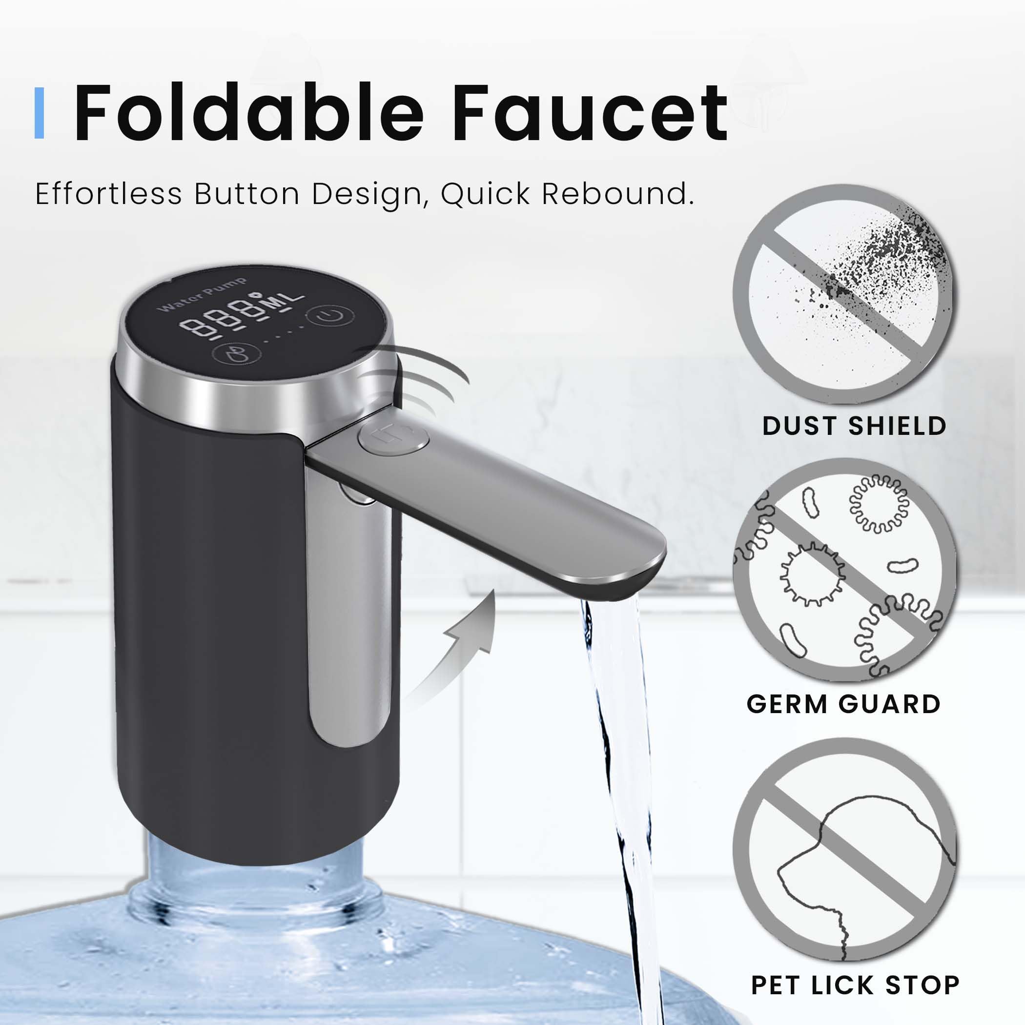 Kiaryuoll Water Dispenser For 5 Gallon Bottle, Rechargeable Water Pump - Foldable Water Spout For 5 Gallon Bottle, Long-Lasting,