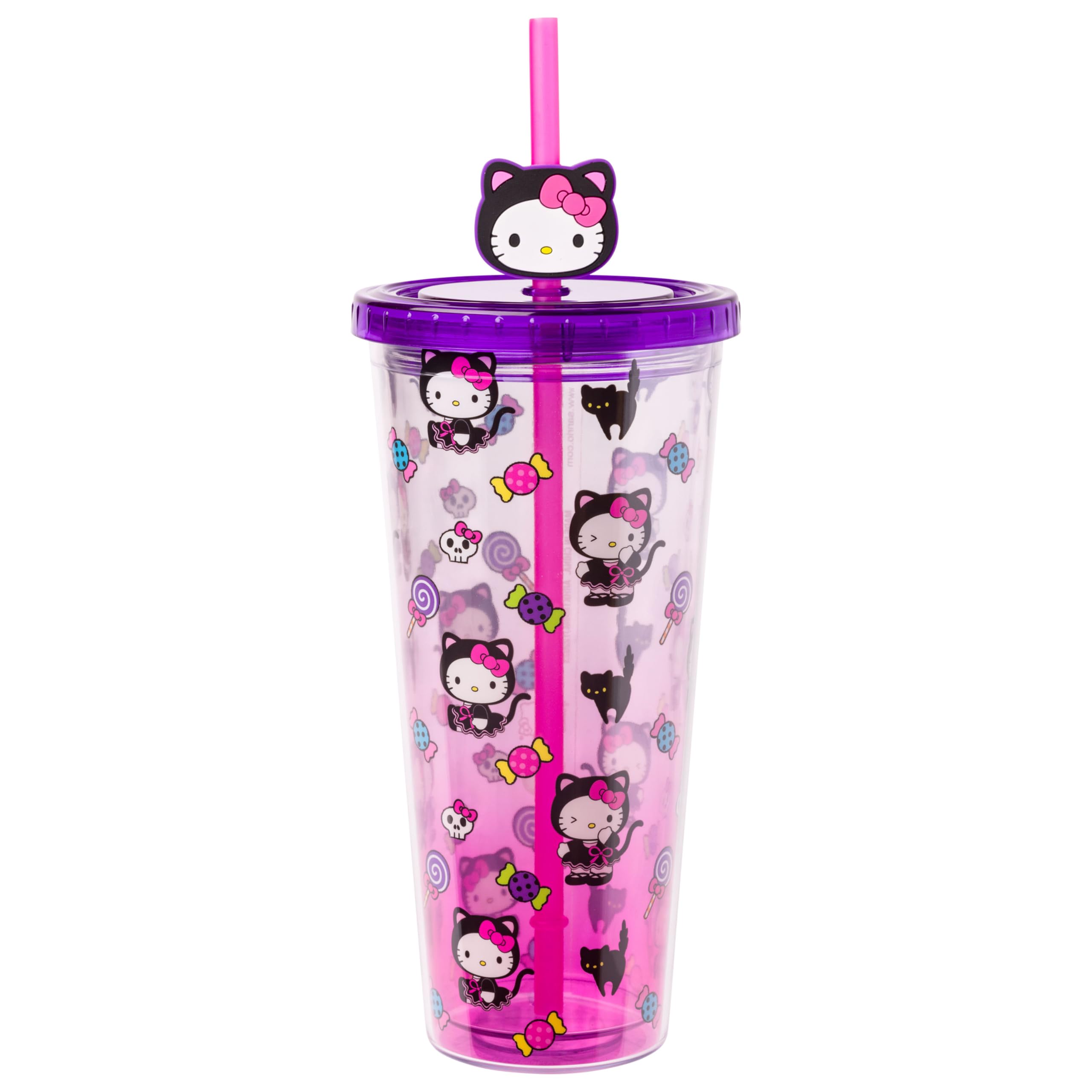 Silver Buffalo Sanrio Hello Kitty Halloween Costume Black Cat and Candy Plastic Cold Cup with Lid and Straw Topper, 24 Ounces