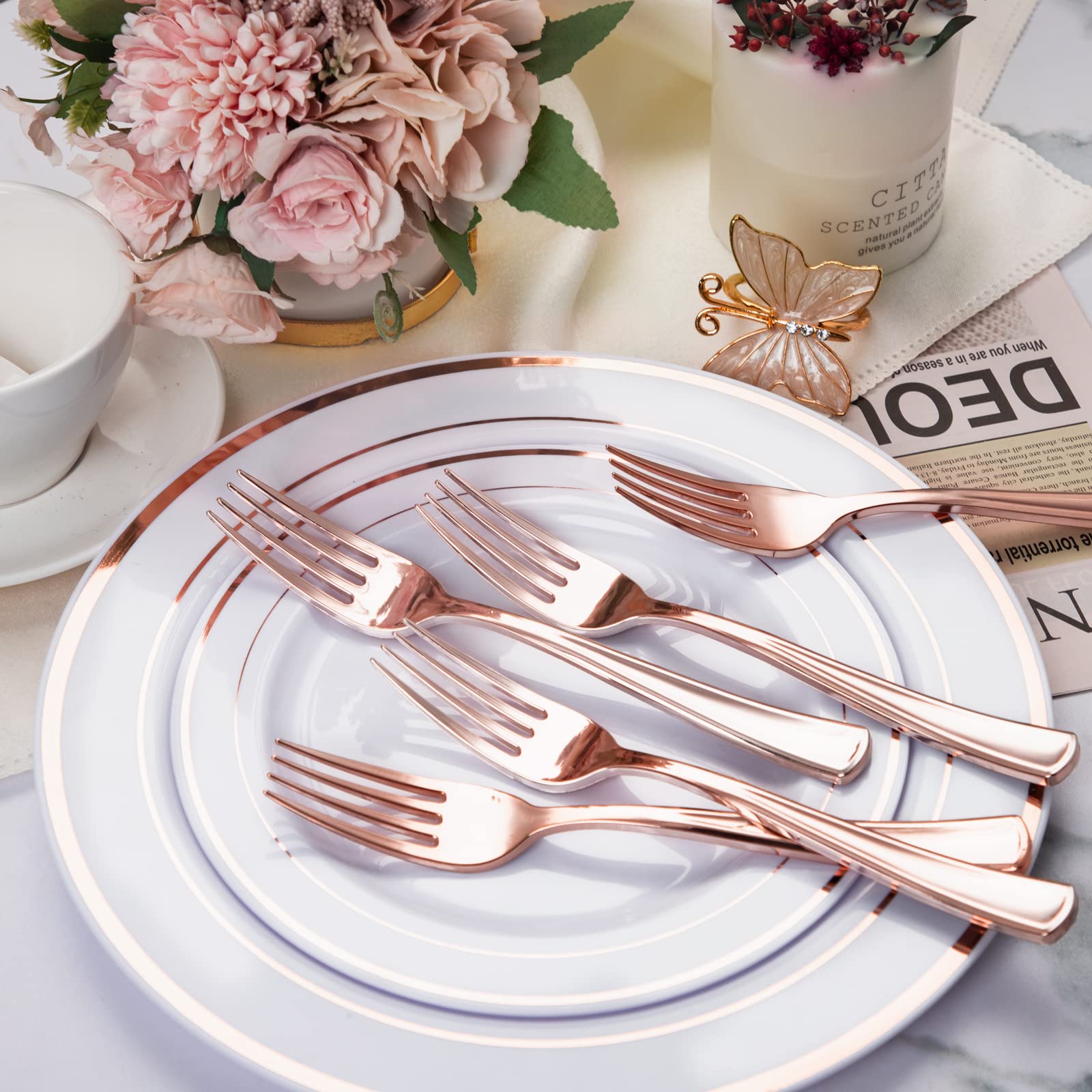Liacere 200 Pack Rose Gold Forks Disposable - 7.4 Inch Heavy Duty Plastic Forks - Heavyweight Rose Gold Plastic Forks - Rose Gol