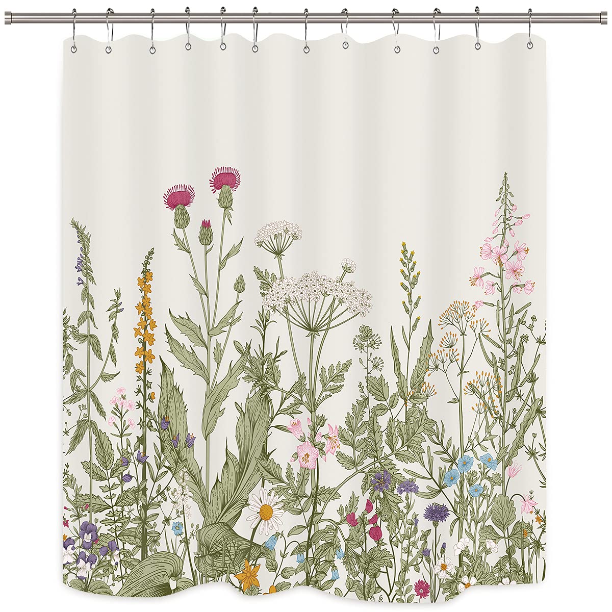 Riyidecor Fabric Wildflower Floral Flower Shower Curtain for Bathroom Decor 54Wx78H Inch Green Leaves Botanical Decorative Bath Set Plant Herbs Bathroom Accessories Polyester Waterproof 12 Pack Hooks