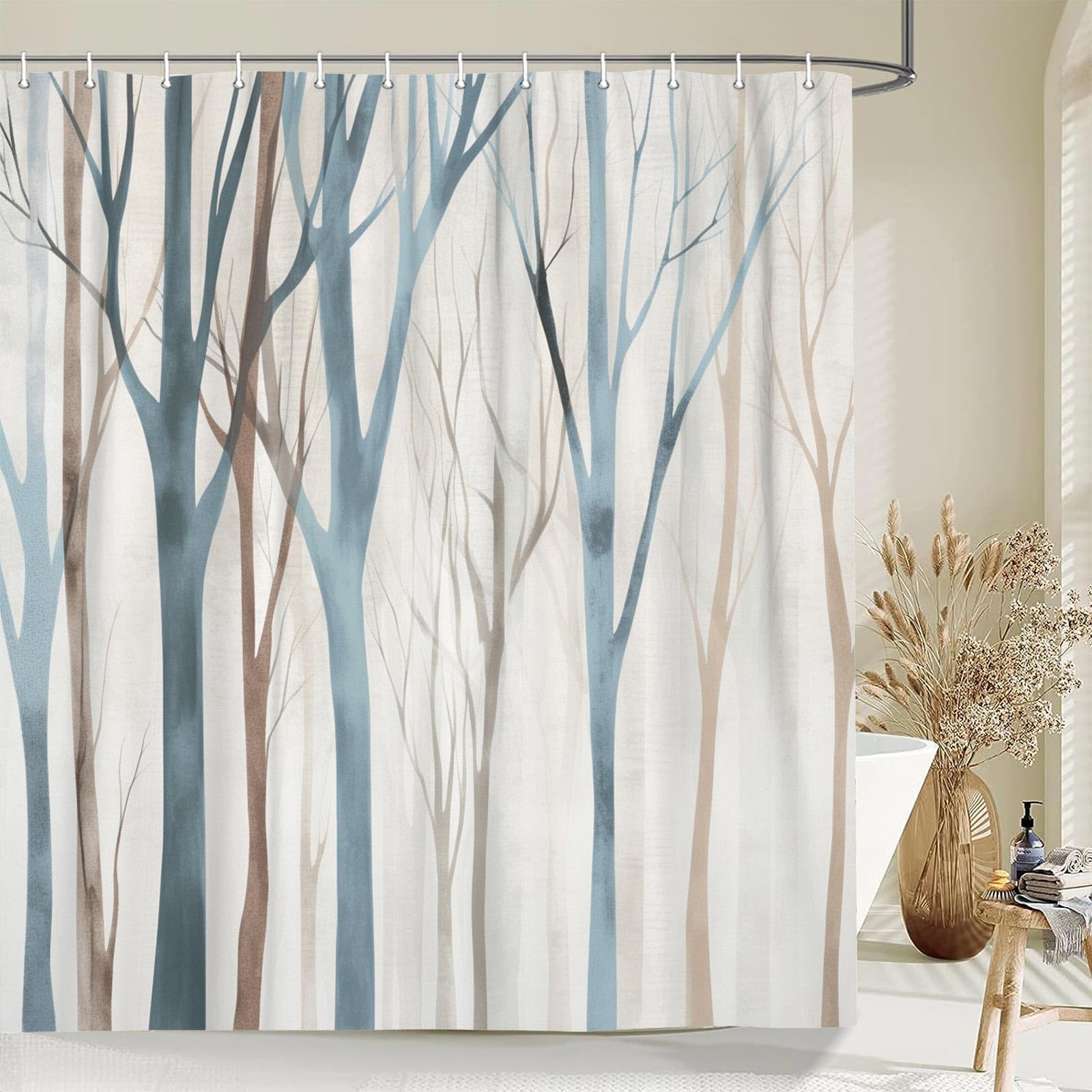 Merchr Brown Blue Tree Fabric Shower Curtain, Art Style Abstract Birch Forest Rustic Wood Polyester Fabric Waterproof Bath Curta