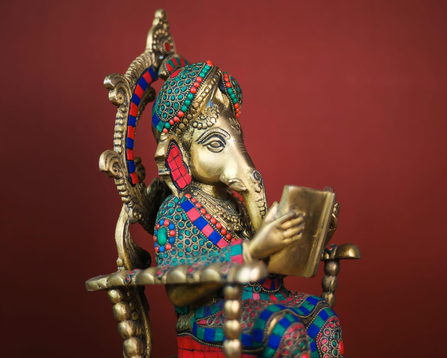 Shivaji Arts Brass Ganesha Statue On Rocking Chair, 16.5 Inch Big Large Ganesh Idol On Reading Book In Brass, Resting Ganesh Ido
