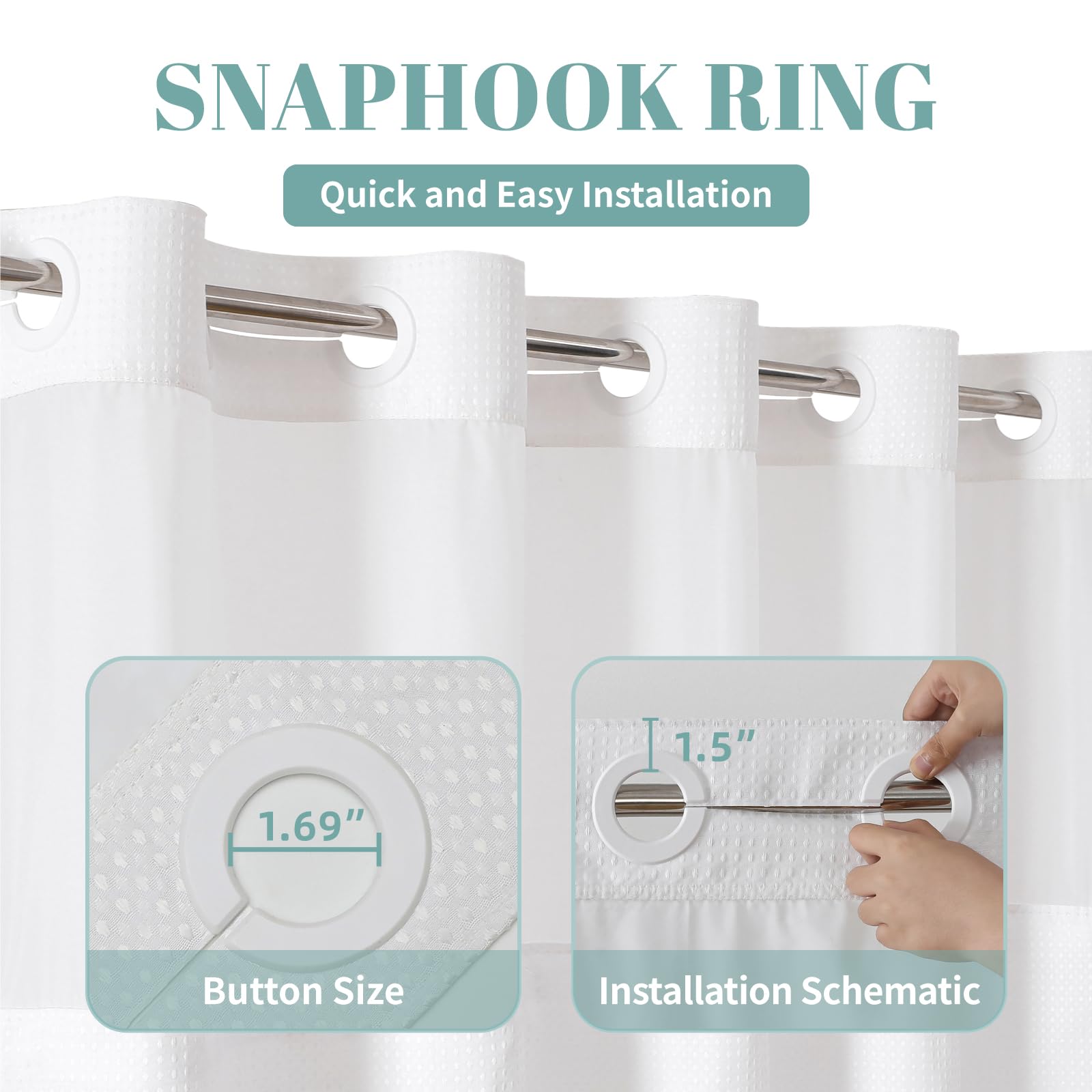 Eachope White Extra Long No Hook Waffle Weave Shower Curtain With Snap-In Liner Replacement, 230Gsm Waterproof Fabric Hotel Show