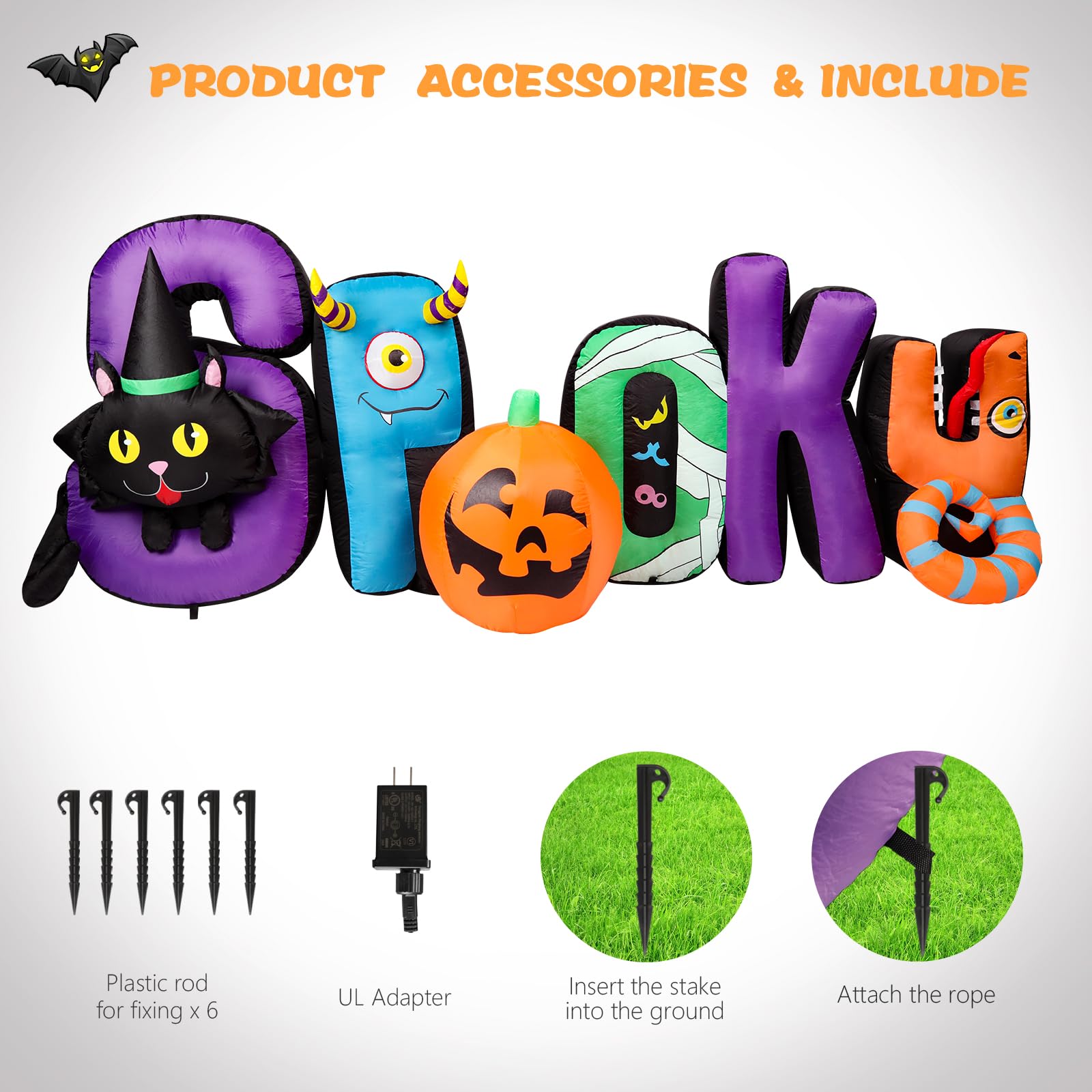 MUMTOP 8.85 Ft Long Inflatable Outdoor Halloween Decoration, Inflatables Spooky Sign with Black Cat Halloween Pumpkin Decoration