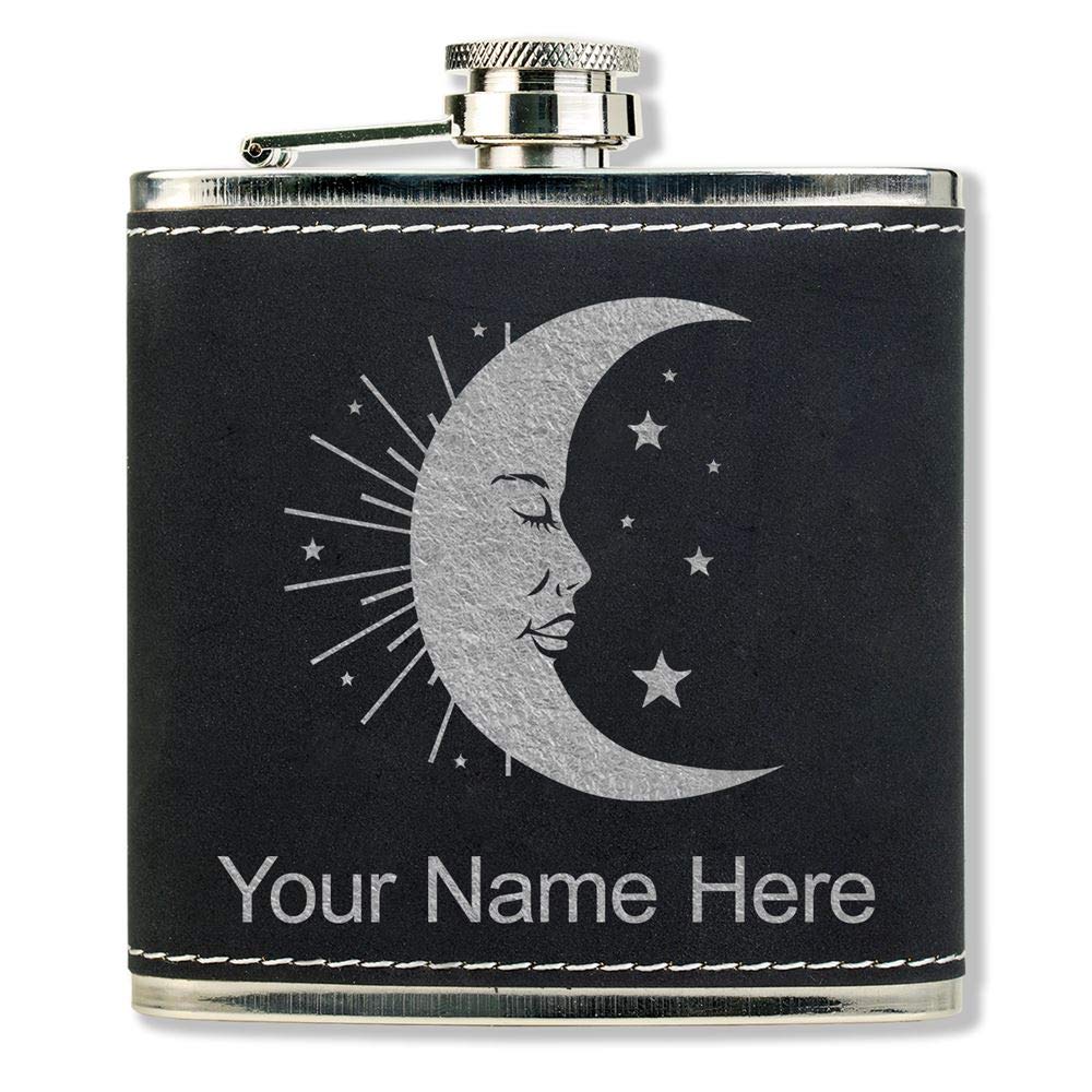Faux Leather Flask, Moon, Personalized Engraving Included (Black With Silver)