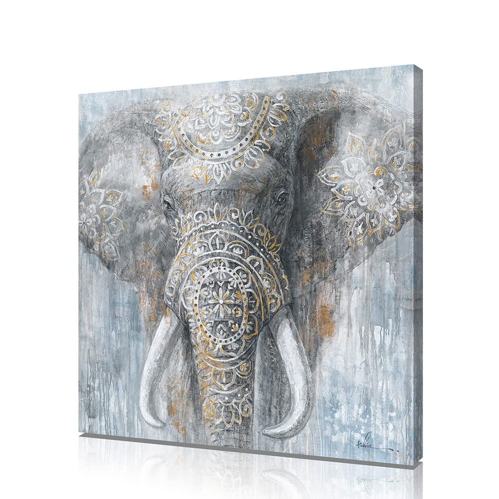 Yidepot Grey Blue Elephant Wall Decor - Wild Animals Canvas Elephants Print For Bedroom Framed Ready To Hang 12X12Inch