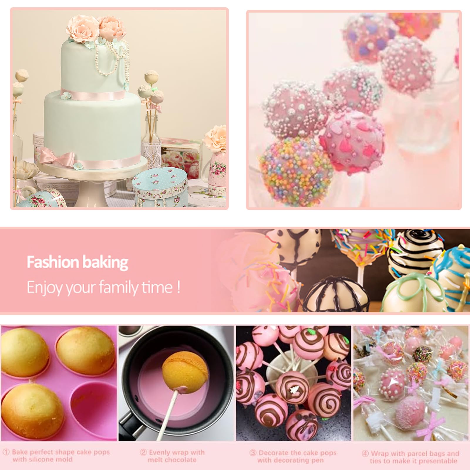 605Pcs Cake Pop Kit,Silicone Lollipop Molds Including Lollipop Sticks,Measuring Cup,Treat Bags,Twist Ties,Decorating Pen,Round M
