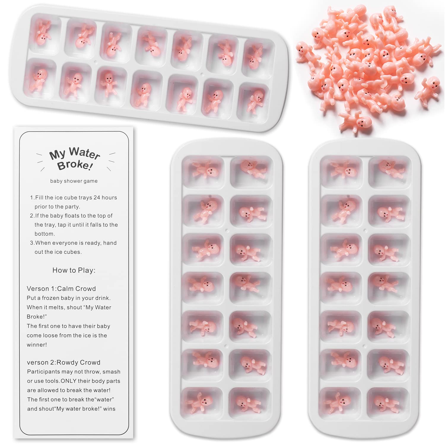 Zjjzgyxintai My Water Broke Baby Shower Game With 80 Mini Plastic Babies, 3 Ice Cube Trays And 1 Sign, Used For Baby Shower Game