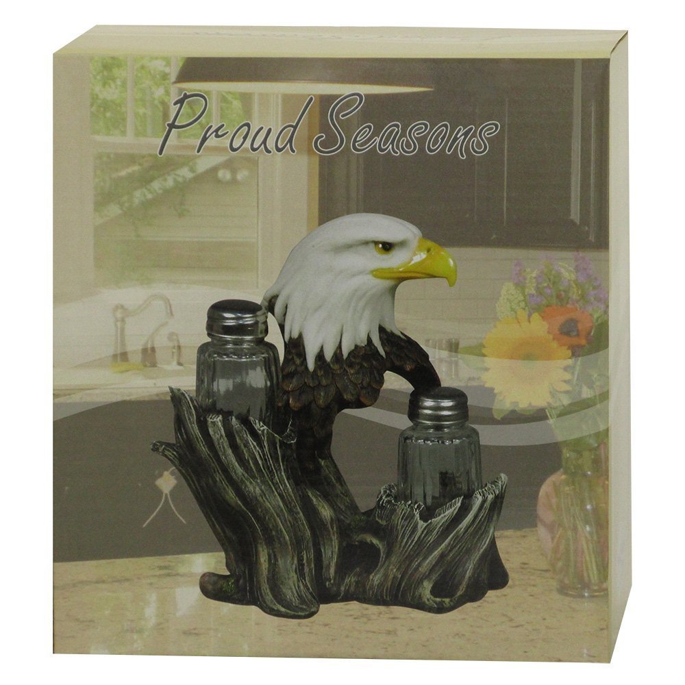 Bald Eagle Glass Salt & Pepper Shakers With Decorative Figurine Display Stand Set For American Patriotic Bar And Kitchen Decor S