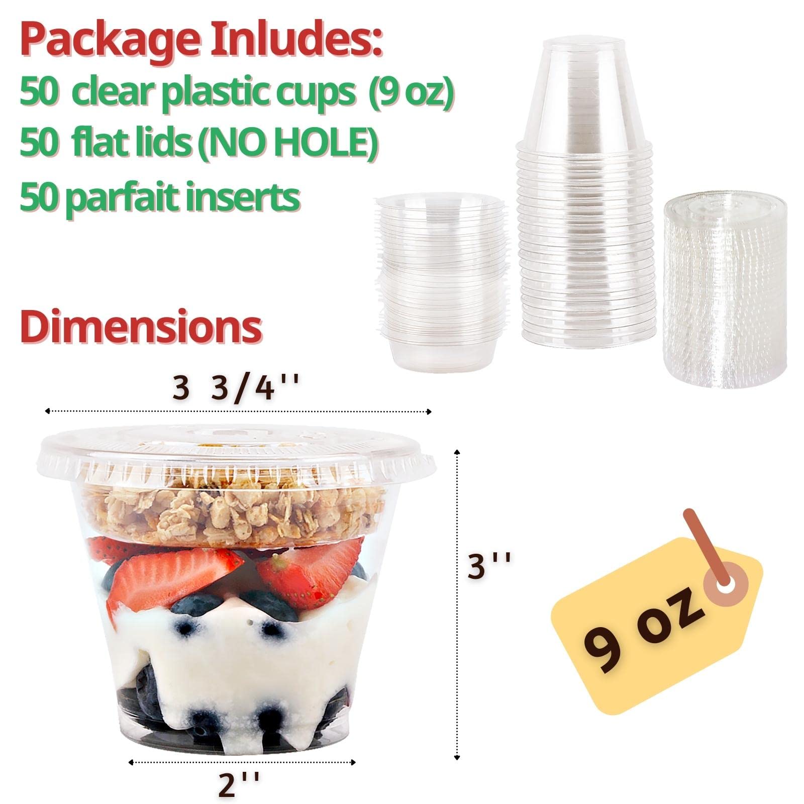 9 Oz Clear Plastic Parfait Cups With Insert 3.25Oz & Flat Lids No Hole - (50 Sets) Yogurt Fruit Parfait Cups For Kids, For Dips