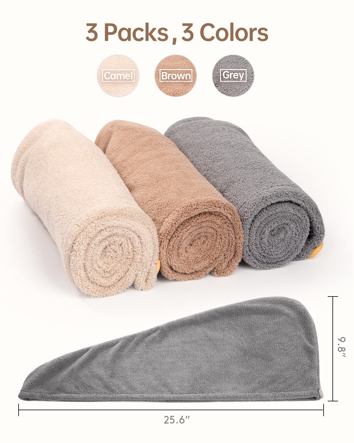 YFONG 3 Pack Microfiber Hair Towel with Button, Super Absorbent Fast Drying Hair Wraps for Curly Hair, Anti Frizz Towel for Wome