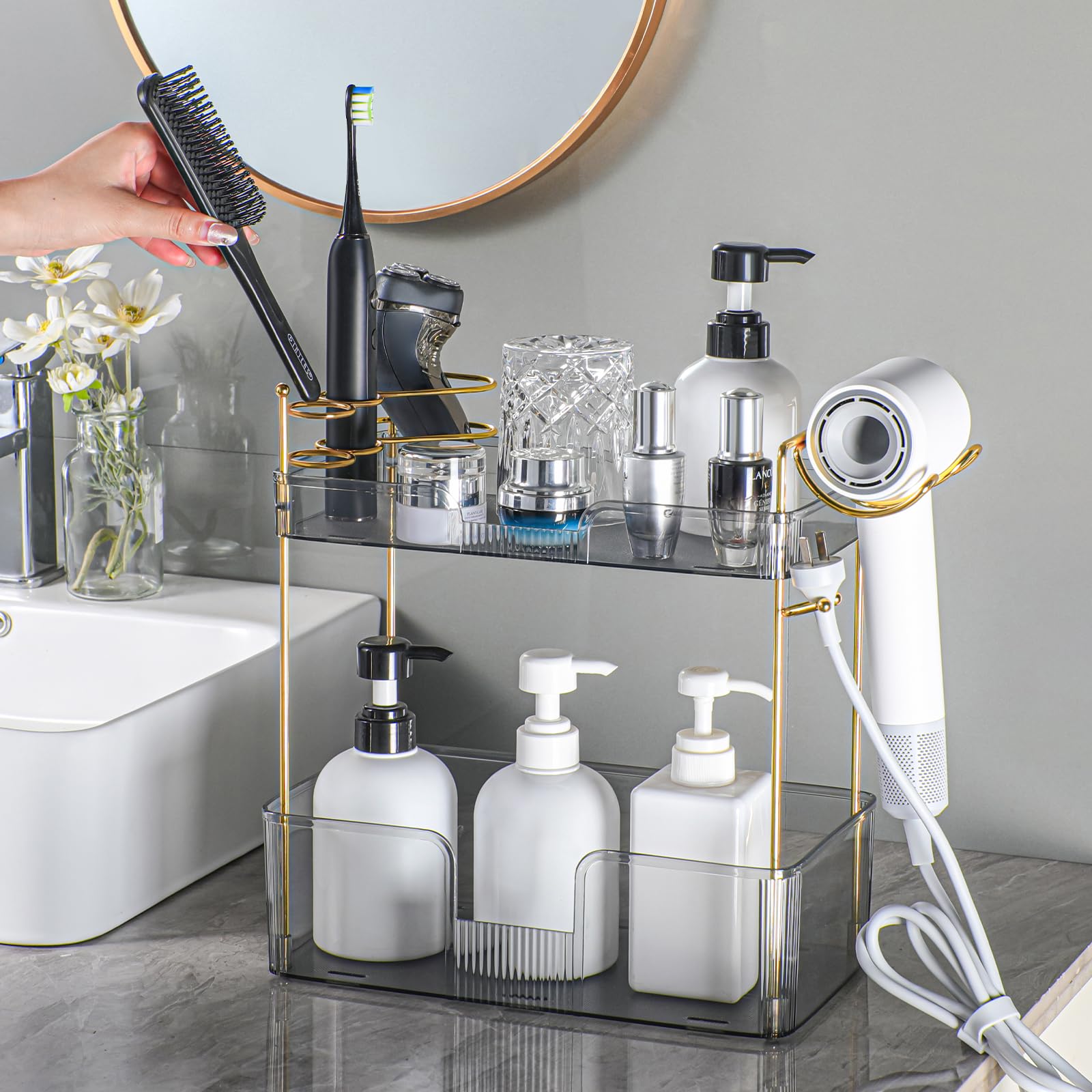 Shuang Qing Bathroom Counter Organizer With Hair Dryer Holder, Hair Tool Countertop Storage, Cosmetics Skincare Shelf Organizer,