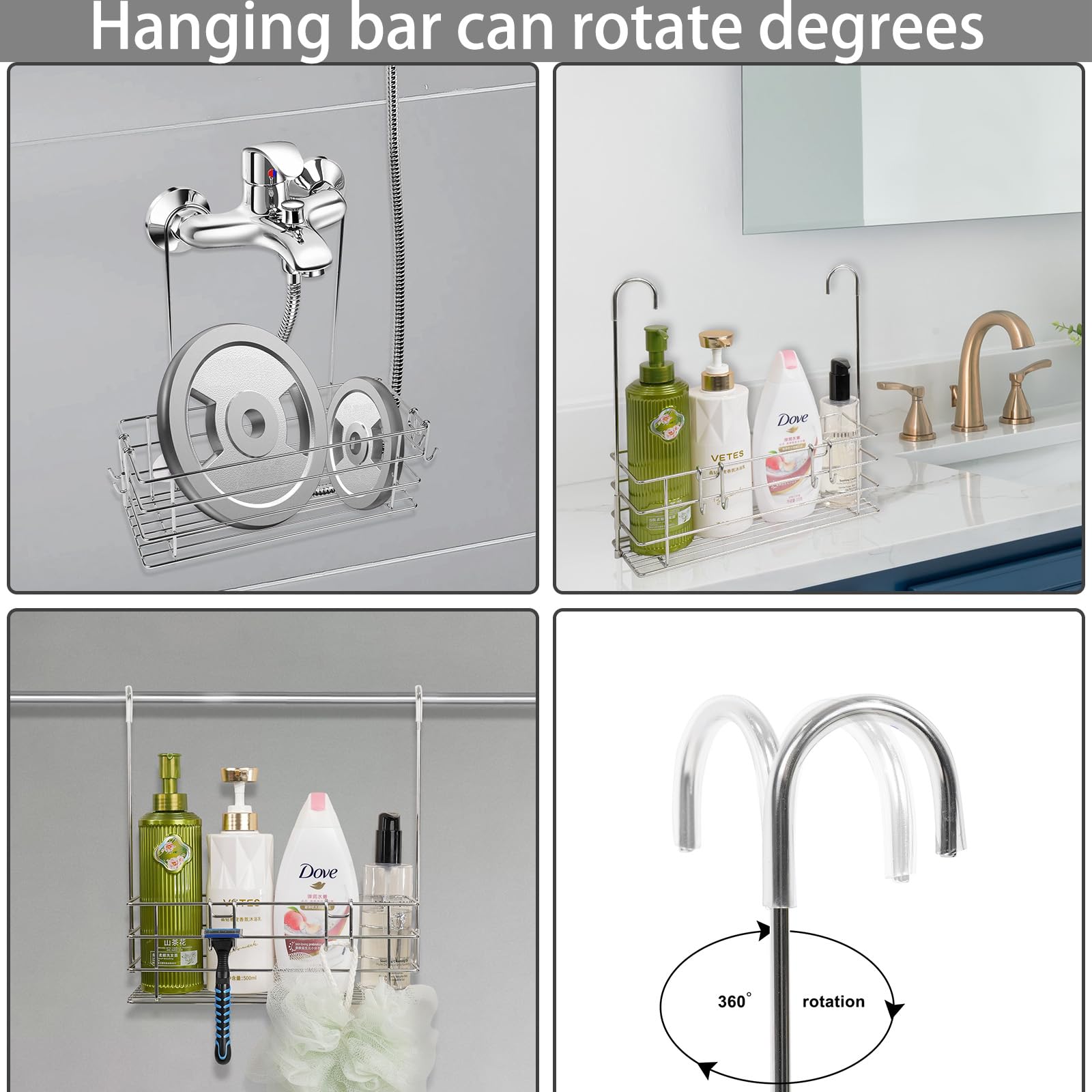 Seltomer Hanging Shower Rack Shower Caddy With Rotatable Hook Bar Over The Door And Can Be Back-Hook Or Side-Hook, 304 Stainless