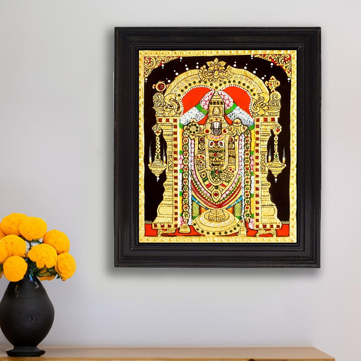 Tarang Arts Lord Balaji Tanjore Paintings With Wooden Frame, Jaipur Stones Hand Painting, 2D Emboss Design & 22-Carat Gold Foil