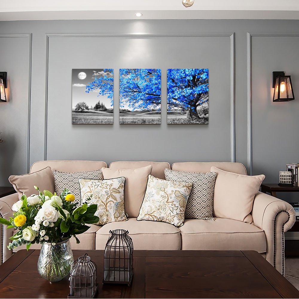 Wall Art For Living Room Black And White Blue Tree Moon Canvas Wall Decor For Home Artwork Huge Painting 20'' X 28'' 3 Pieces Ca