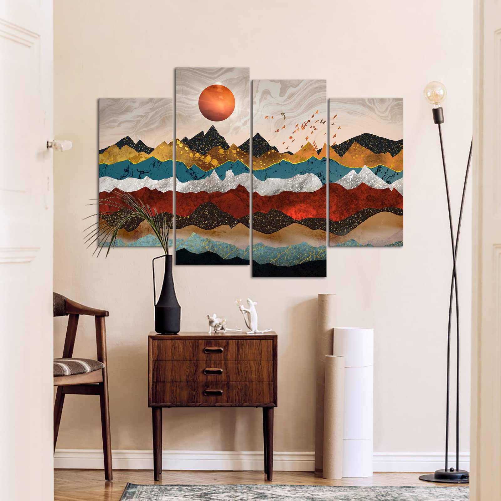 Large 4 Piece Canvas Art The Precious Mountains Colorful Landscape Picture Giclee Prints Nature Wall Art Mid Century Art Wall De