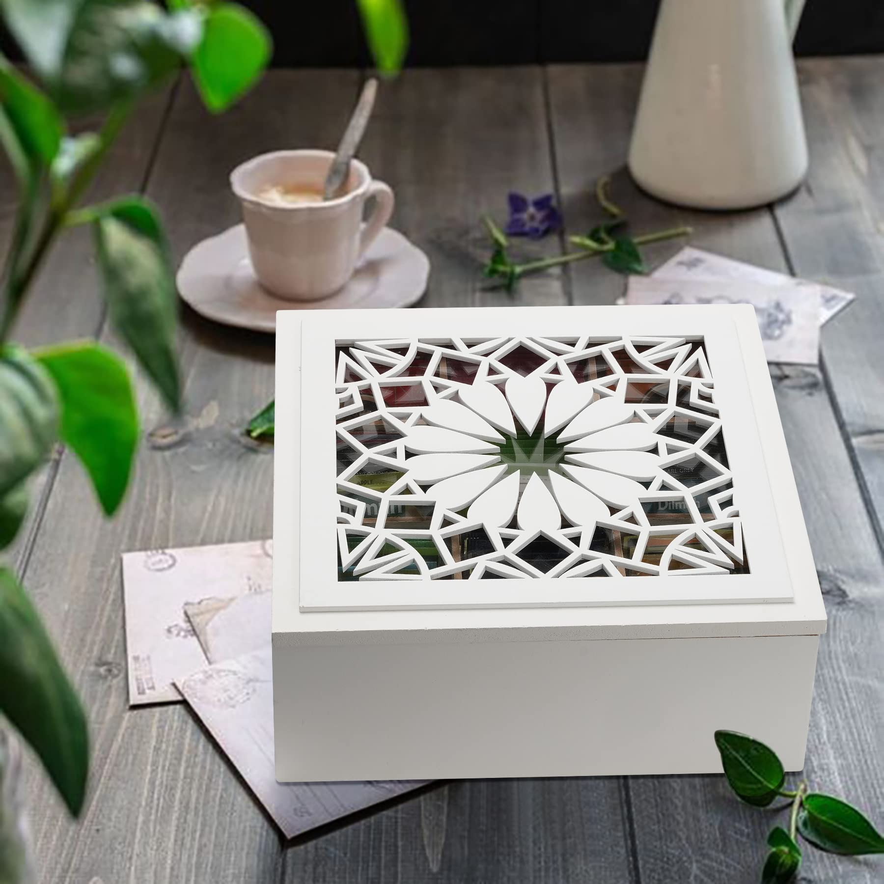 Handrong Tea Box Tea Bag Organizer Wooden Tea Bag Holder Modern Tea Chest With 9 Compartments And Glass Cover For Home Tea Parti