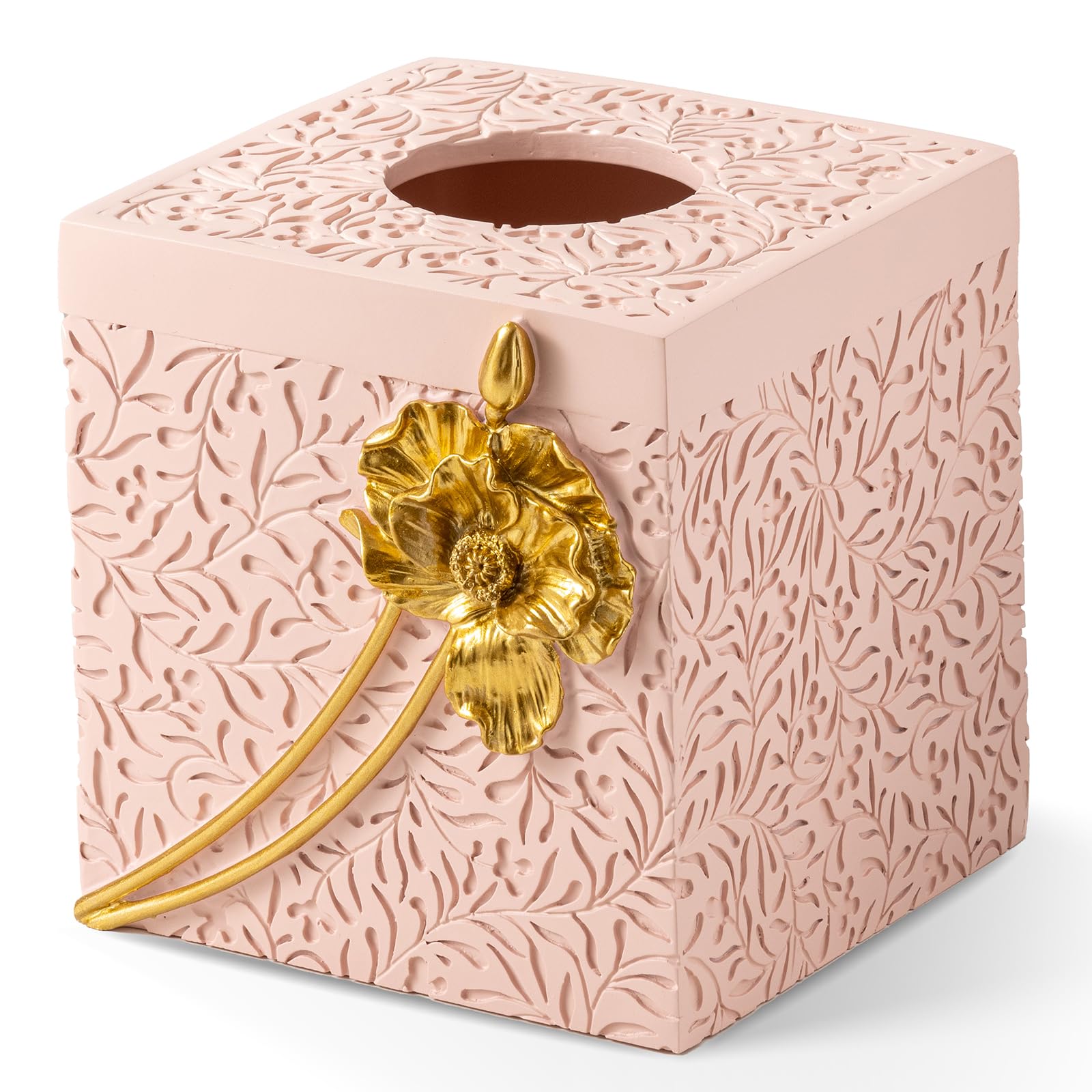 Gold Flowers Square Tissue Box Cover,Tissue Box Holder For Bathroom Home Decor,Hand Carved 3D Florwers Tissue Case,Farmhouse Pap