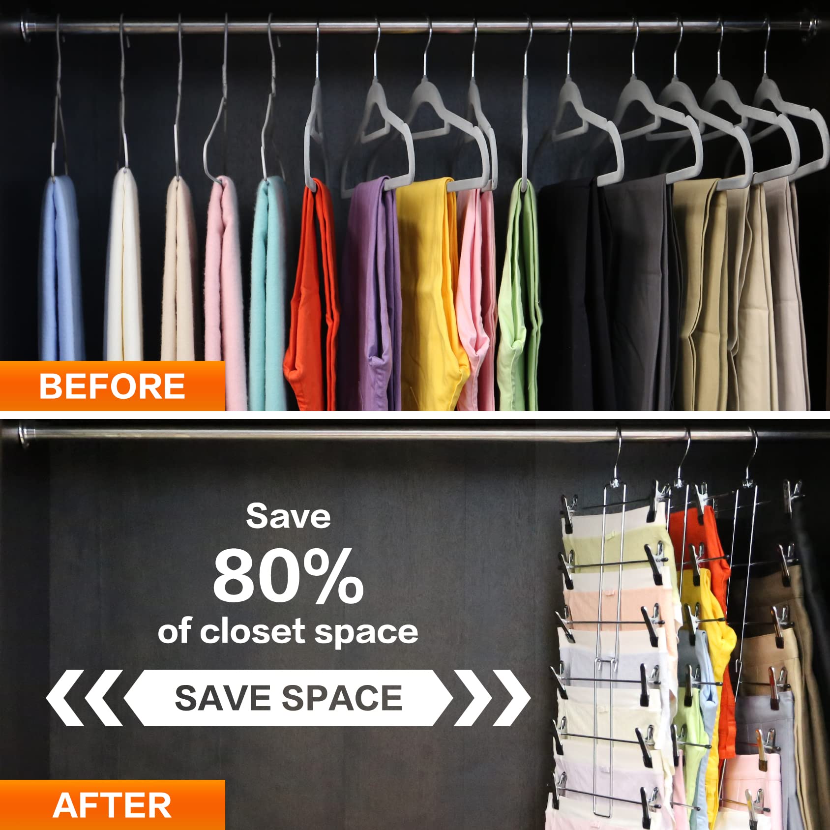 3 Pack Pants-Hangers-Space-Saving 6 Tier-Closet-Organizers-and-Storage Skirt Hangers with Clips Clothes- Jeans Scarf Hangers College-Dorm-Room-Essentials D?cor  Stainless Steel