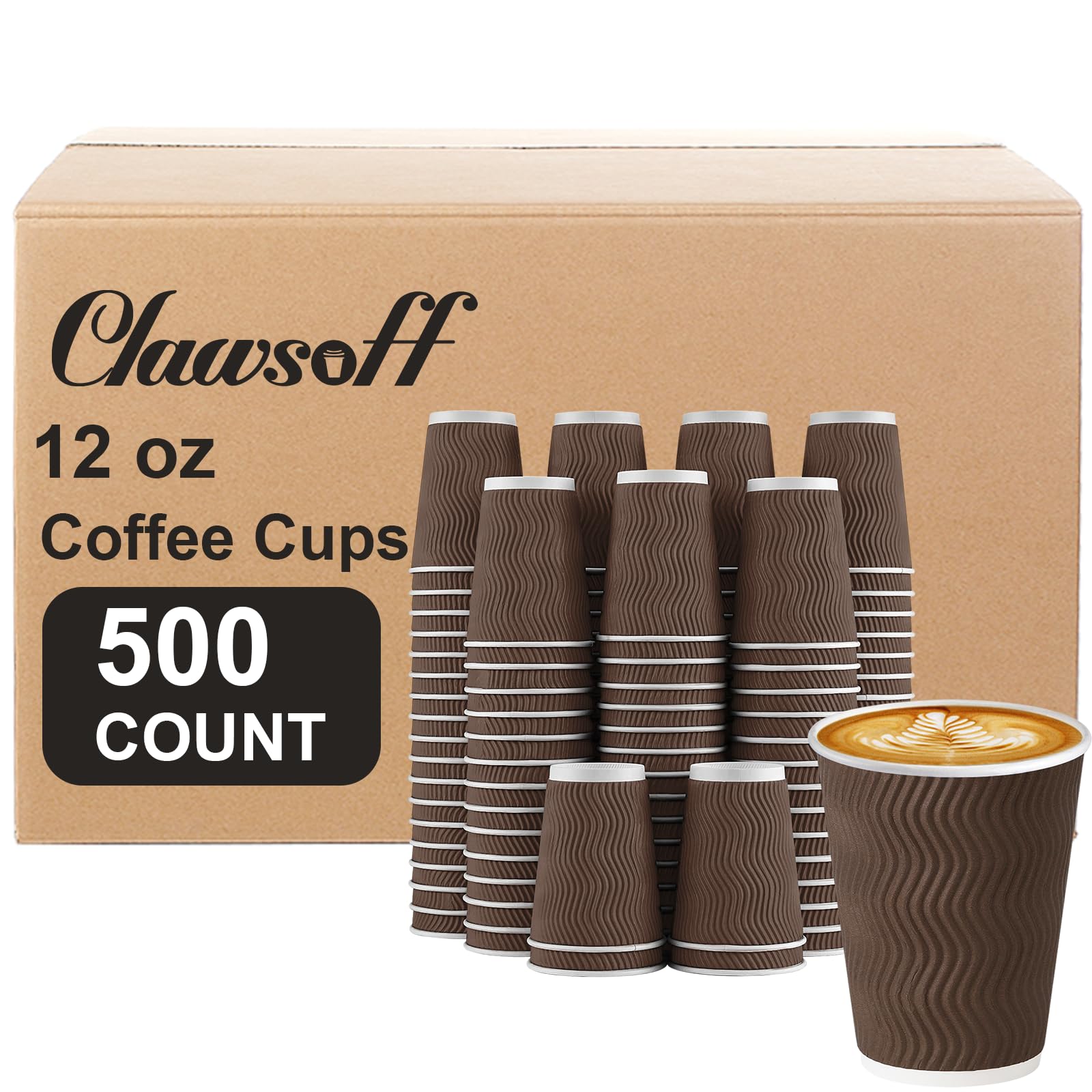 Clawsoff 500 Pack 12 oz Coffee Cups, Disposable Corrugated Insulated Ripple Wall Paper Coffee Cups 12oz for Hot or Cold Drinks O
