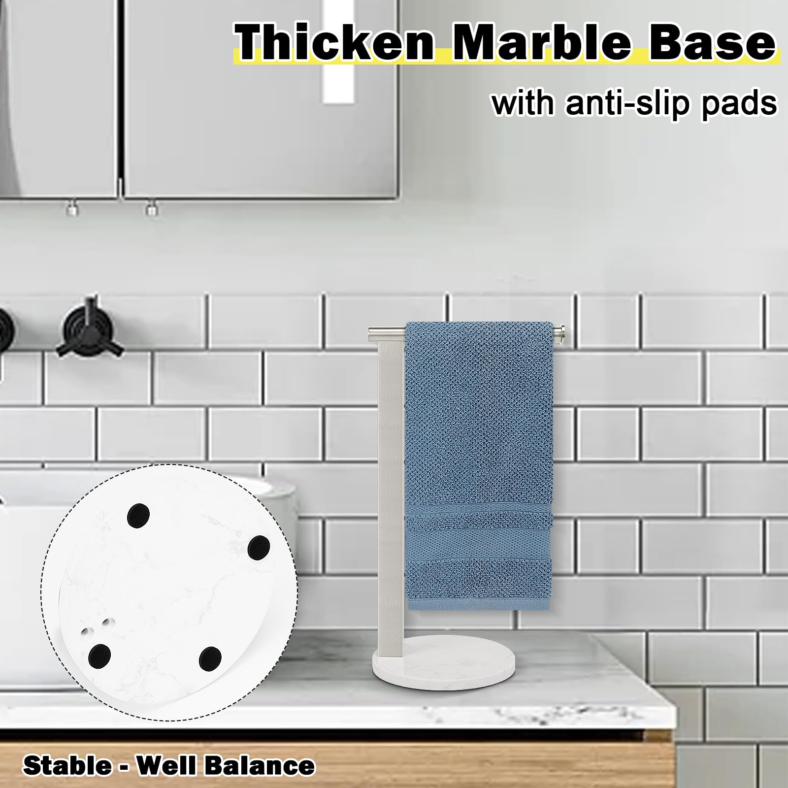Winmien Stainless Steel L-Shaped Hand Towel Holder, Sus304 Bathroom Towel Rack With Thickened Base For Countertop Vanity (Brush