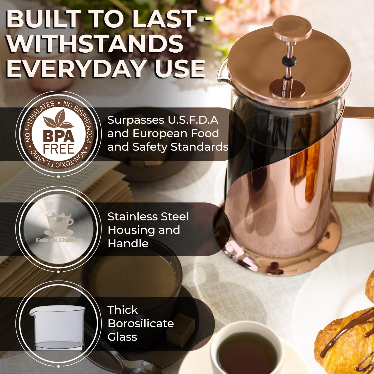 Cafe Du Chateau Stainless Steel French Press Coffee Maker - 34Oz Versatile Coffee Press Coffee Maker With 4-Level Filtration, Bp