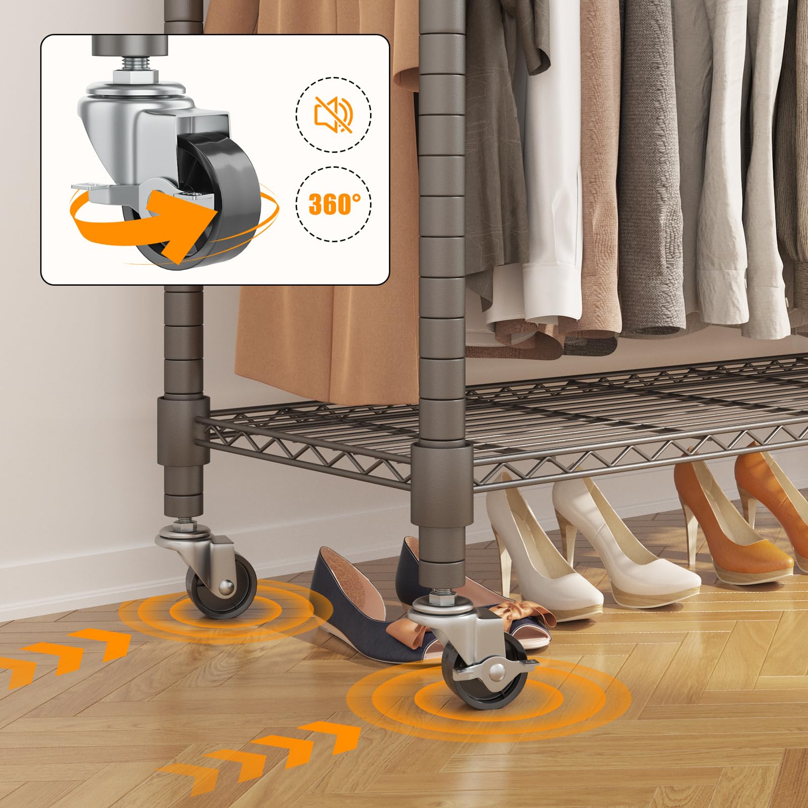Bathwa Heavy Duty Garment Rack On Wheels, Rolling Clothes Racks For Hanging Clothes, Simple Sturdy Wardrobe Rack With Double Han