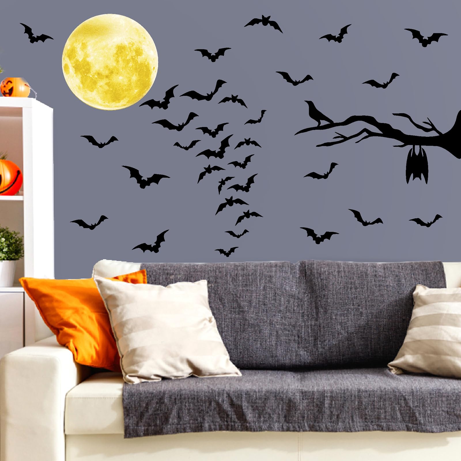 Halloween Moon Bat Wall Stickers Tree Branch Wall Decals Black Crow Vinyl Bat Wall Decals Peel And Stick Halloween Moon Wall Sti