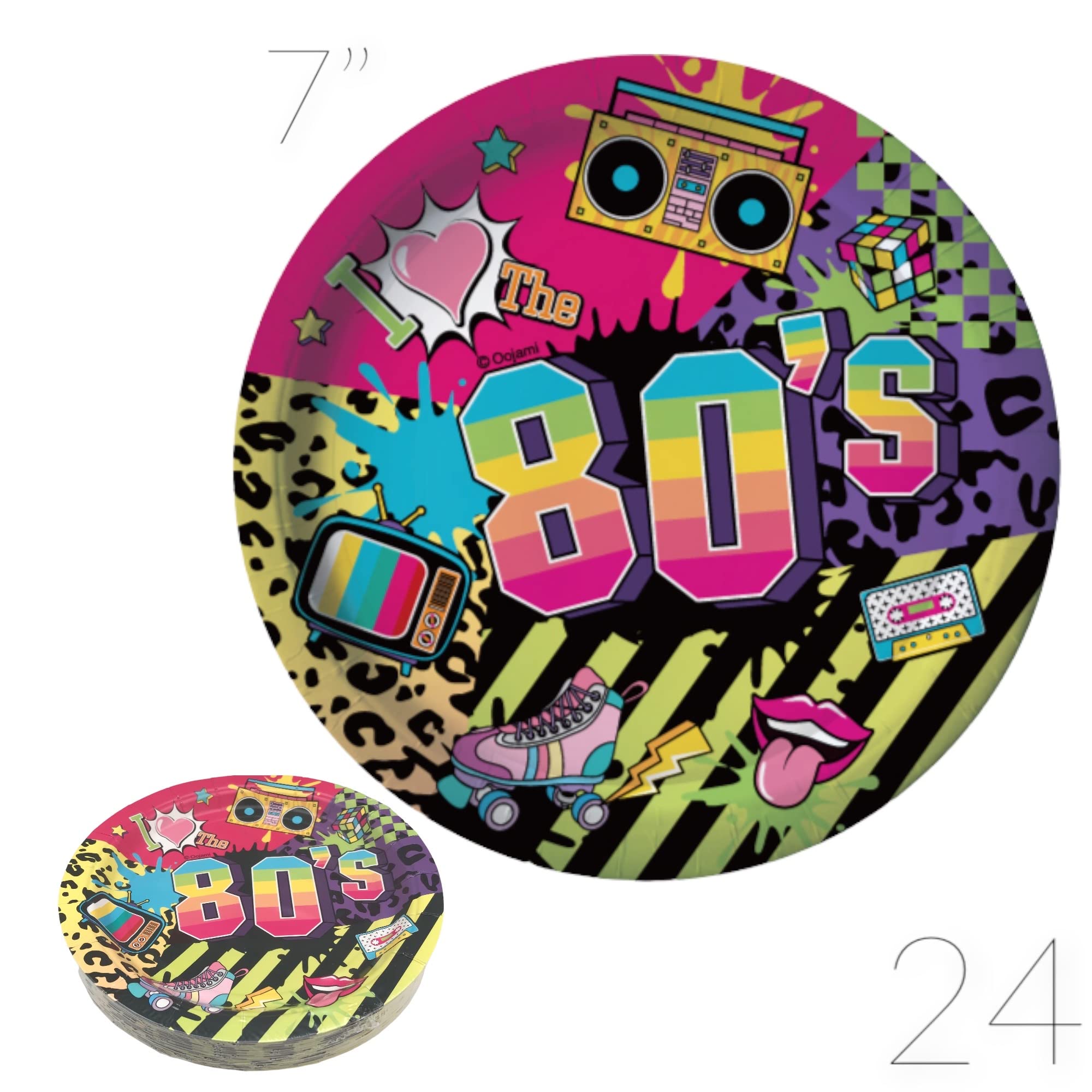 Oojami Serves 24 Complete 80'S Themed Birthday Party Pack Includes Paper Plates, Cups, Napkins, 2 Table Covers, Swirls, Ideal Fo