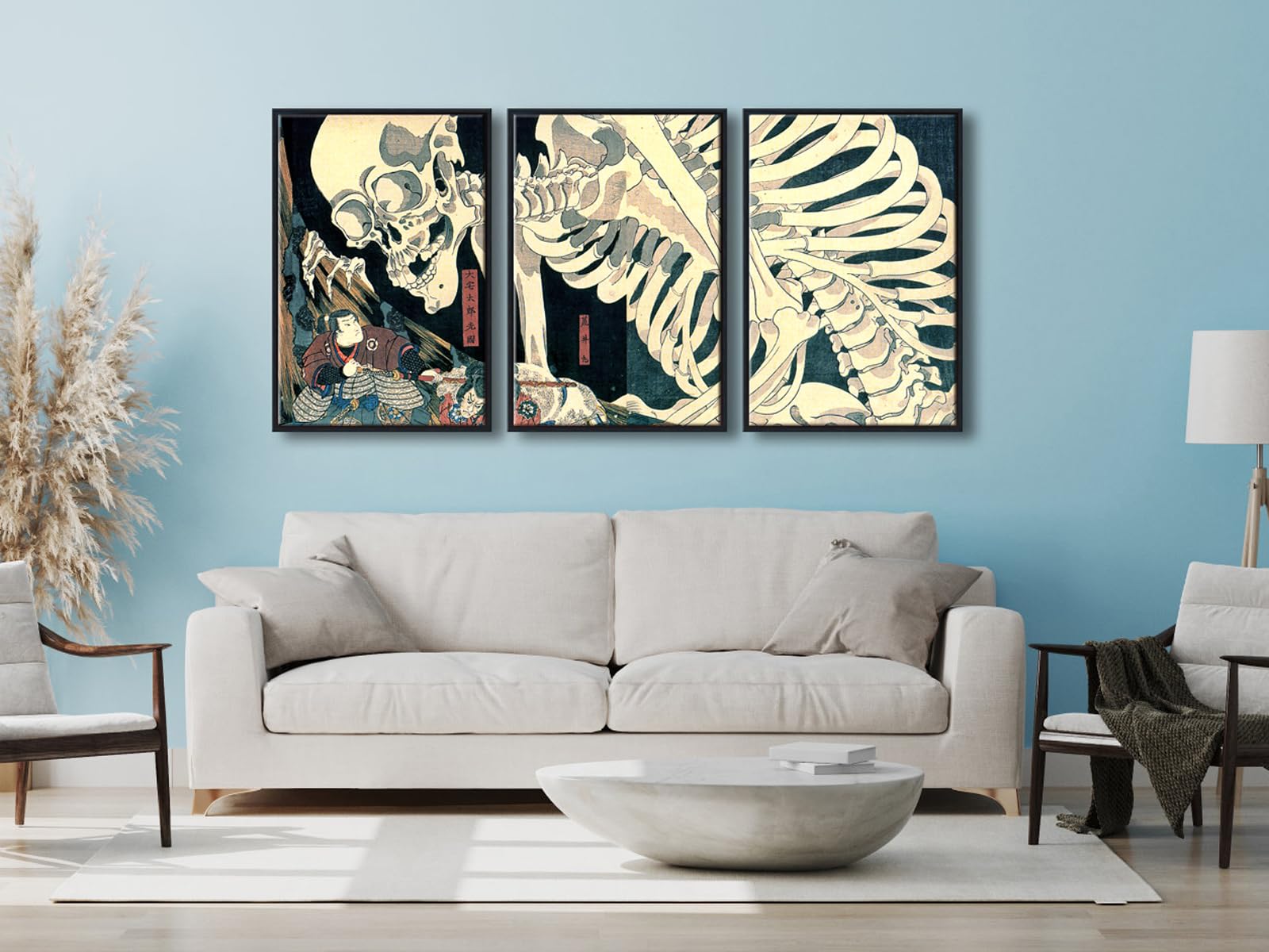 Wieco Art Black Framed 3 Piece Witch And Skeleton Ukiyo-E By Utagawa Takiyasha Historic Cultural Illustrations For Living Room B