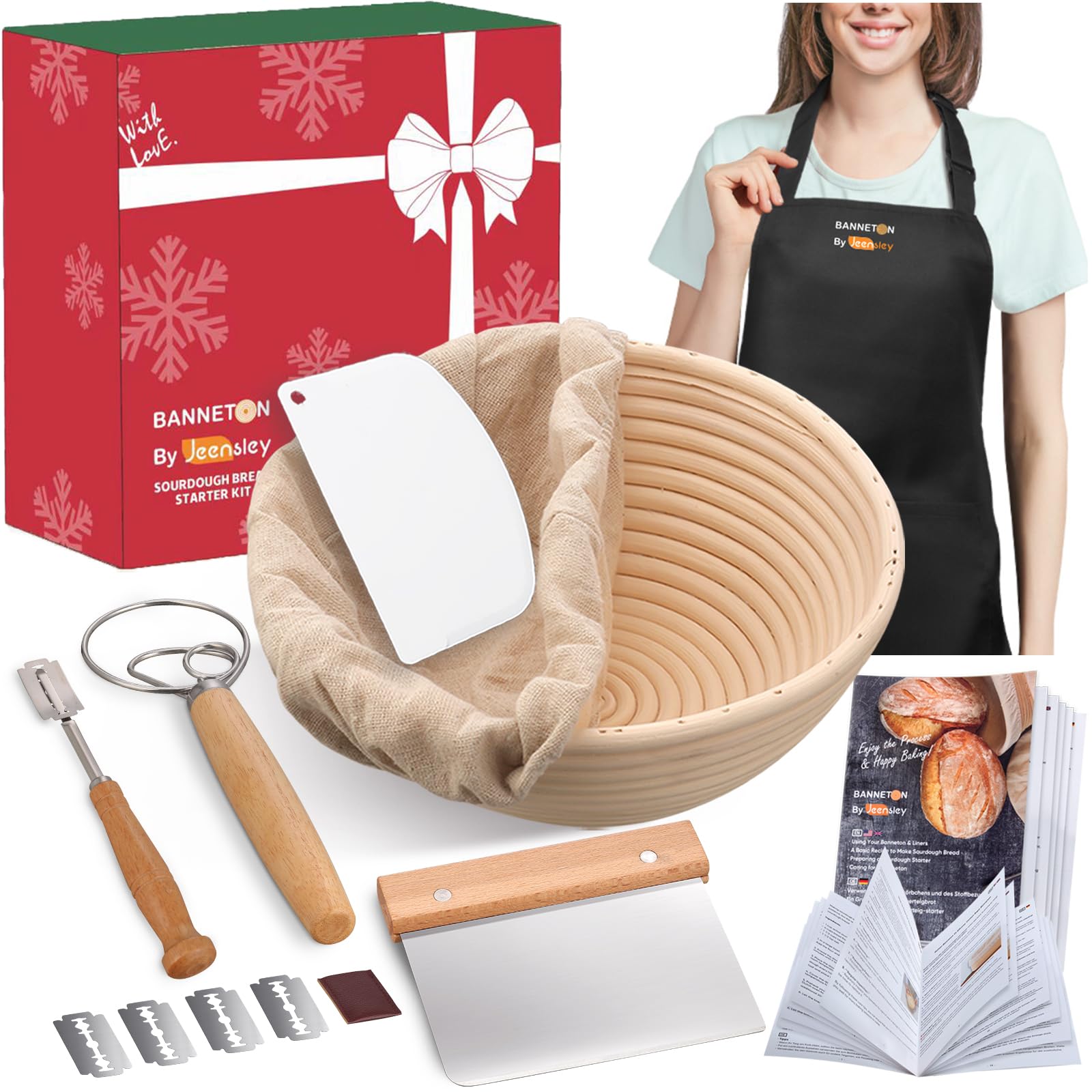 Jeensley Banneton Bread Proofing Basket Set with Apron, Brochure & Baking Supplies, 9 Inch Round Proving Bowl with Liner & Bread