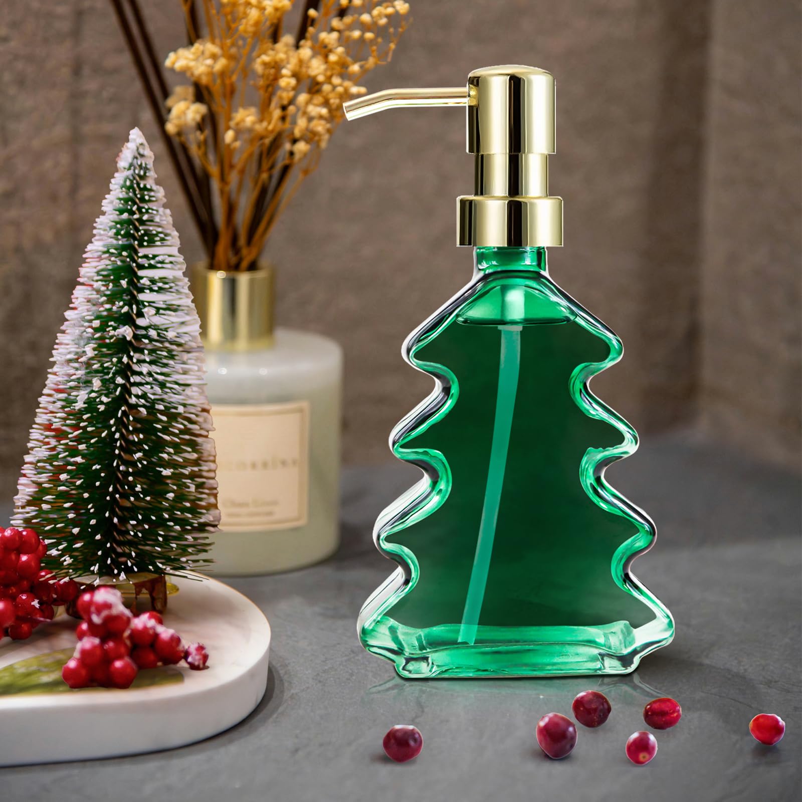Syfurnix Christmas Soap Dispenser 2Pcs Green Glass Hand Soap Dispenser For Bathroom, Kitchen Sink, Dish Soap Dispenser With Pump