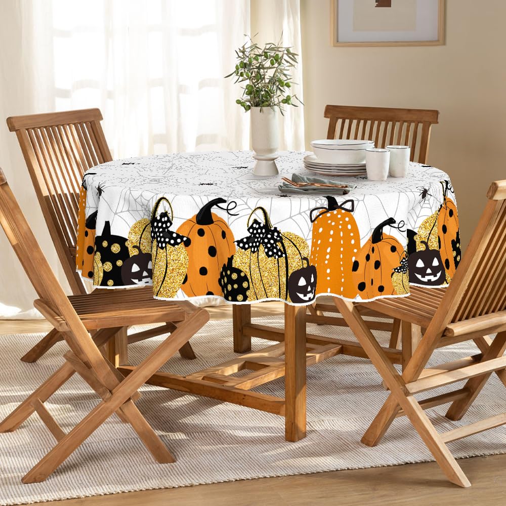 Horaldaily Halloween Tablecloth 70X70 Inch Round, Jack-O-Lantern Pumpkin Cobweb Scary Themed Washable Table Cover For Party Picn