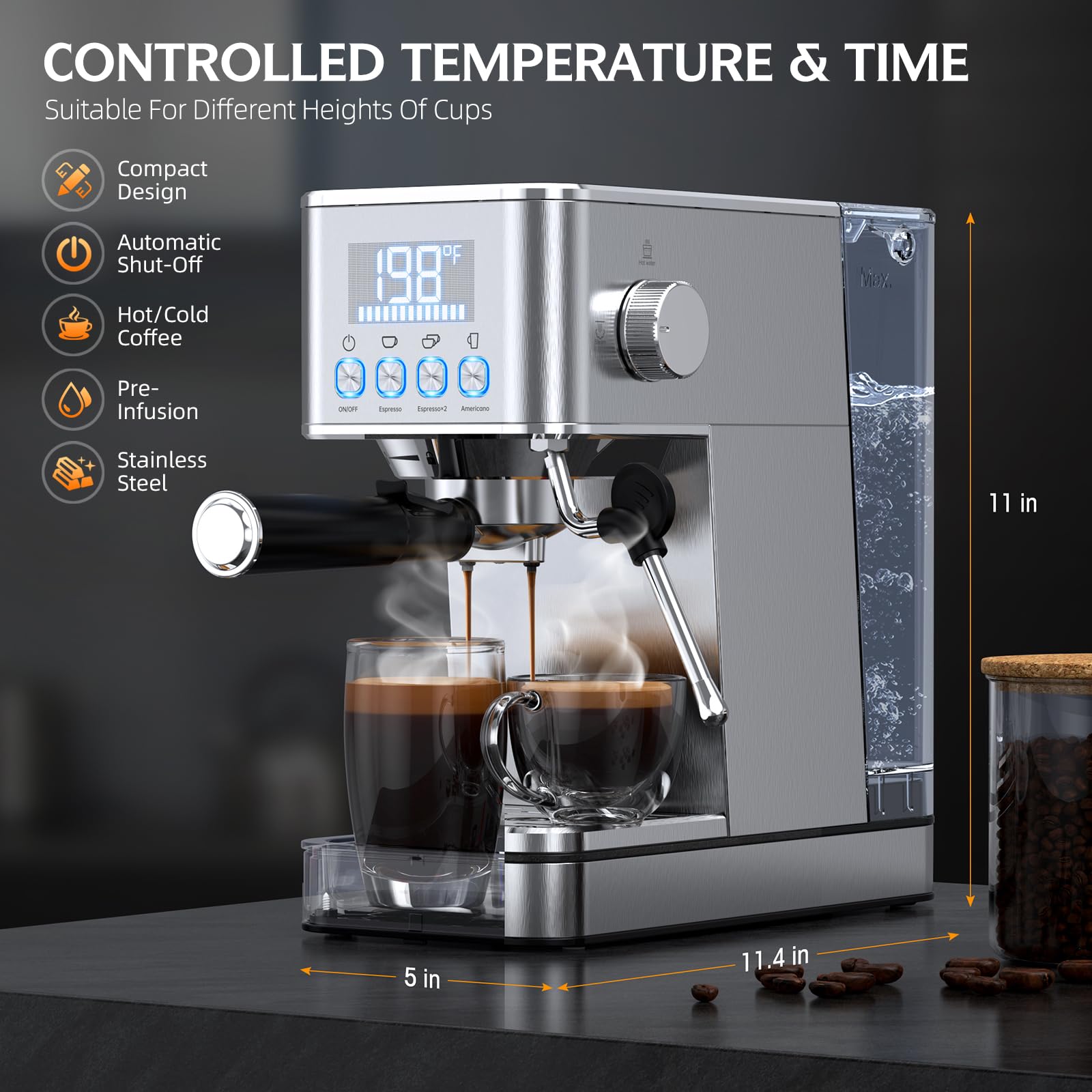 LERTIN Espresso Machine EM626, 20Bar Stainless Steel, 57.5OZ Tank, Milk Frother, Silver